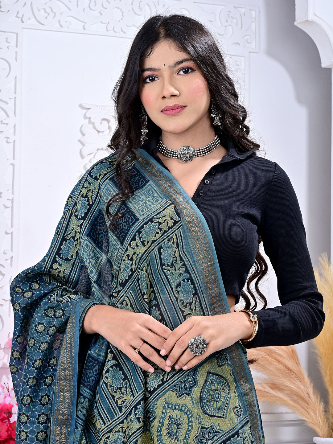 Ajrakh Hand Block Print Maheshwari silk saree