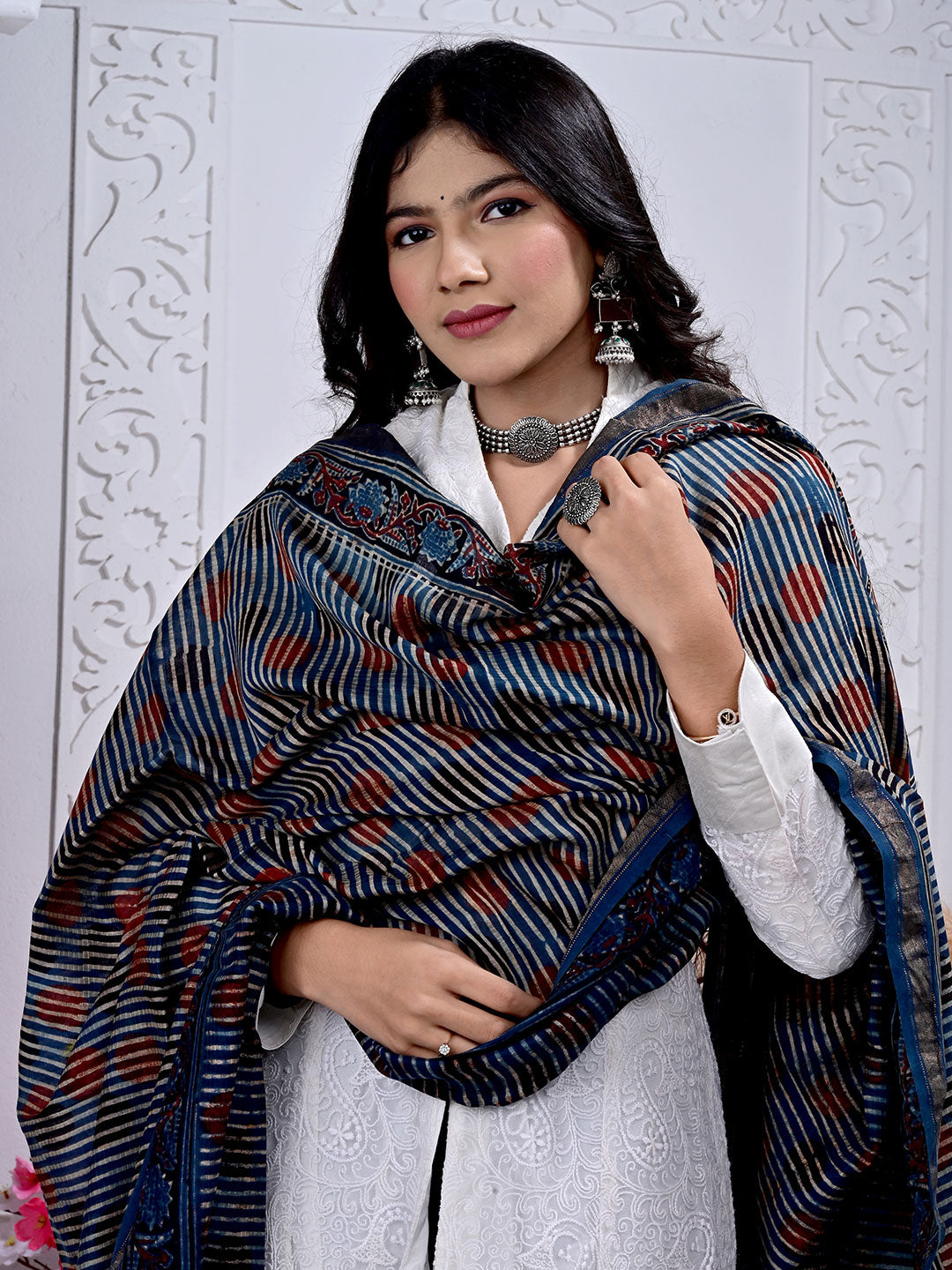 Ajrakh Hand Block Print Maheshwari silk Dupatta