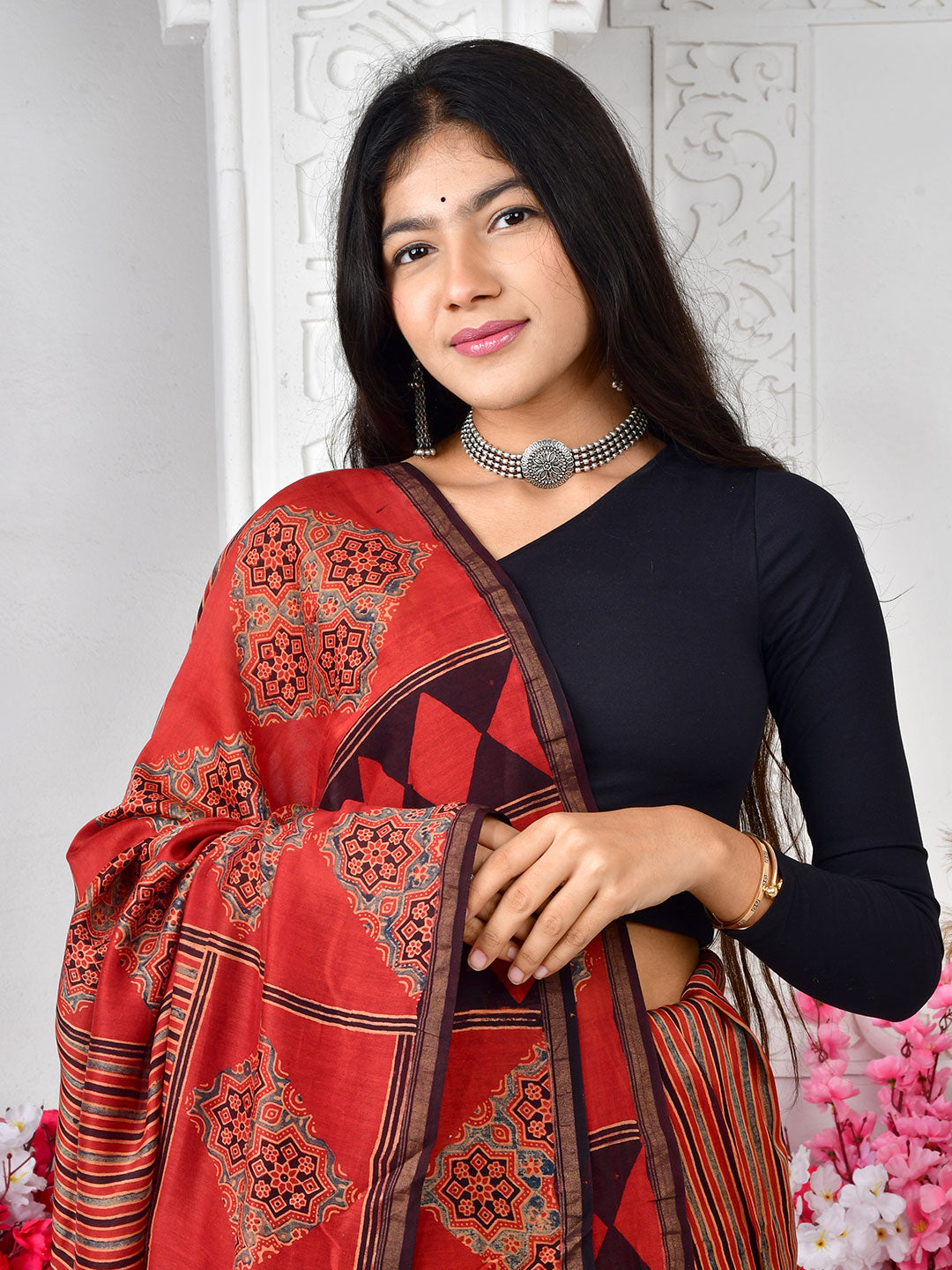 Ajrakh Hand Block Print Chanderi silk saree