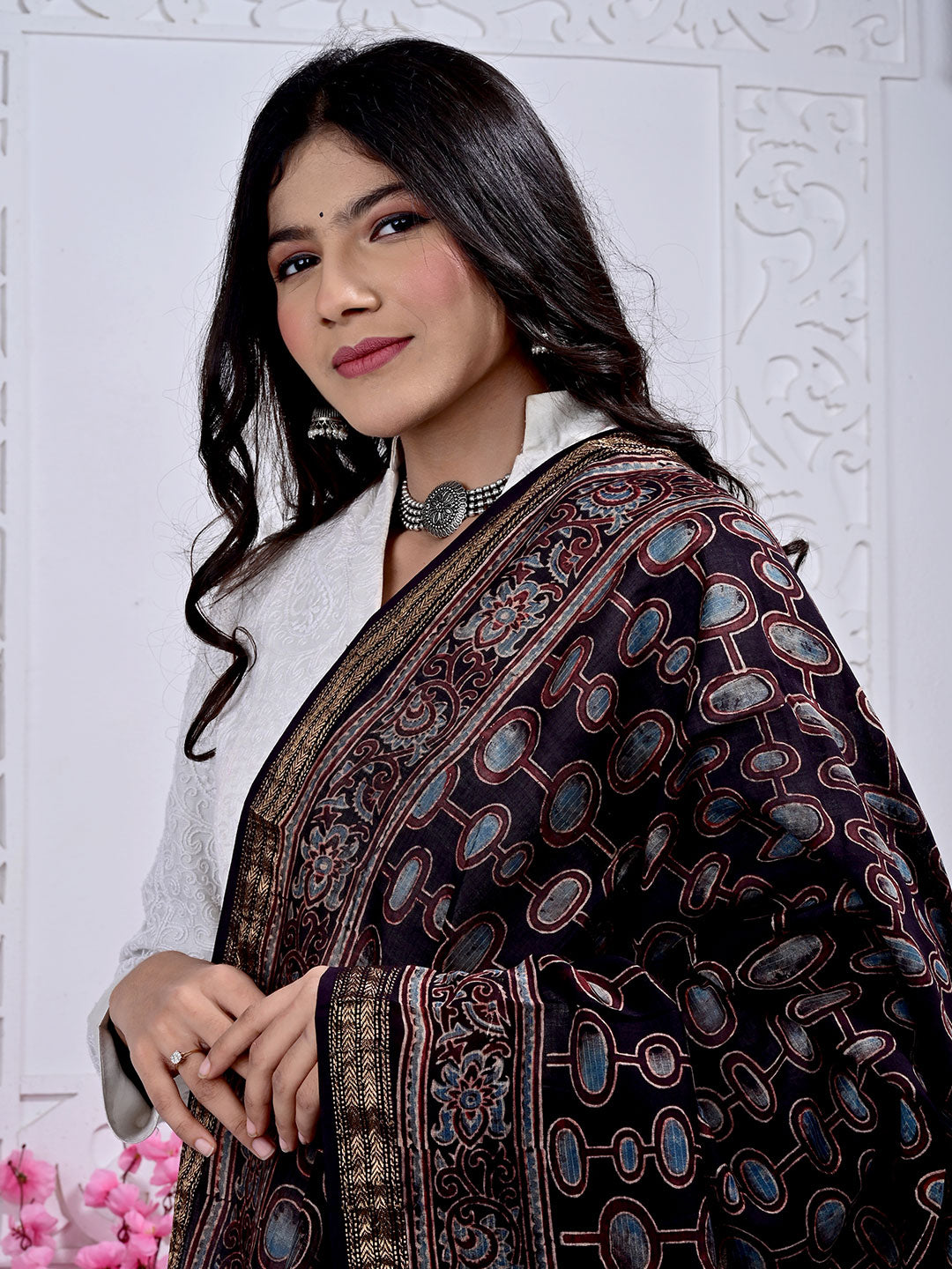 Ajrakh Hand Block Print Maheshwari silk Dupatta