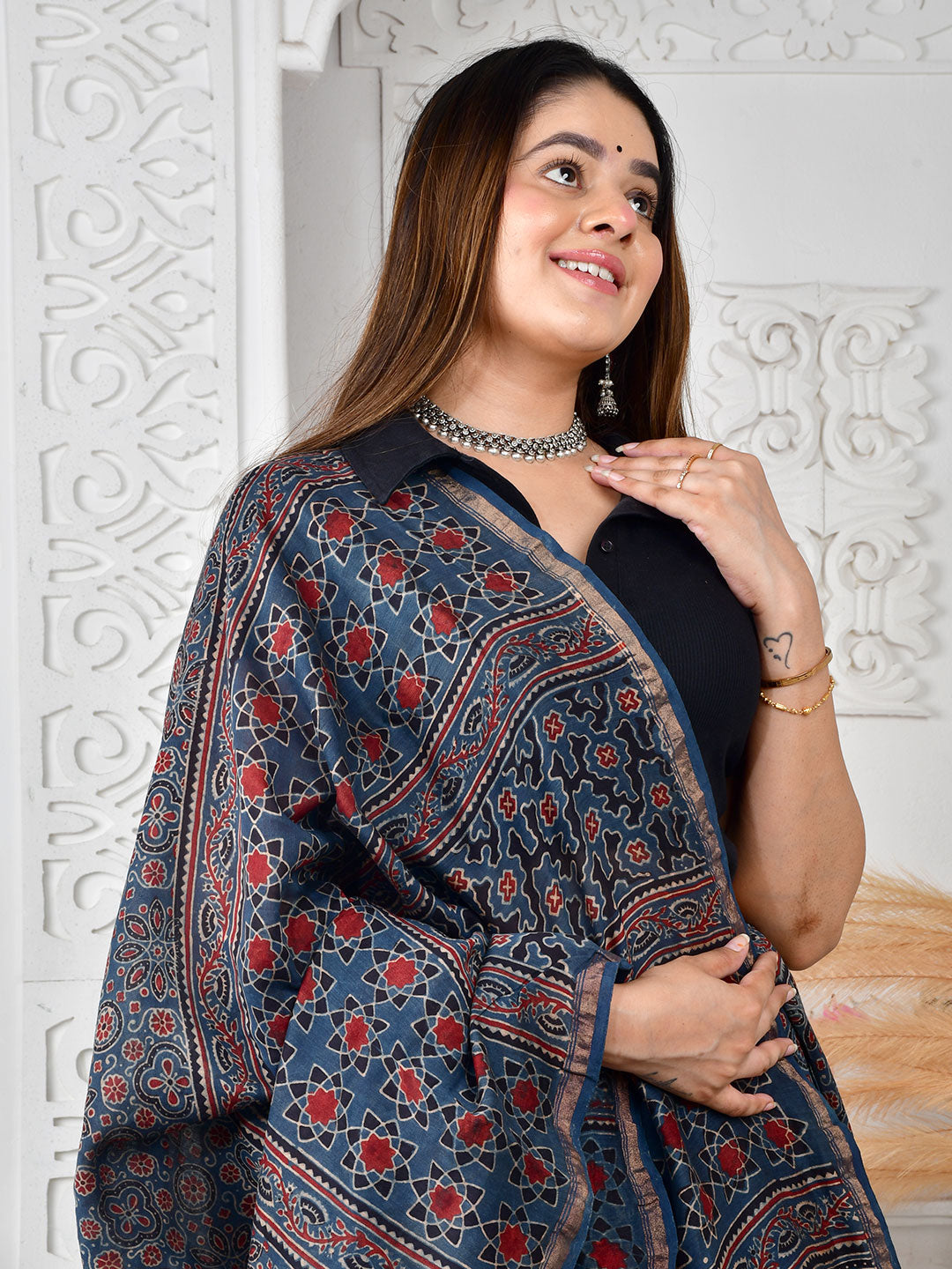 Ajrakh Hand Block Print Chanderi silk saree