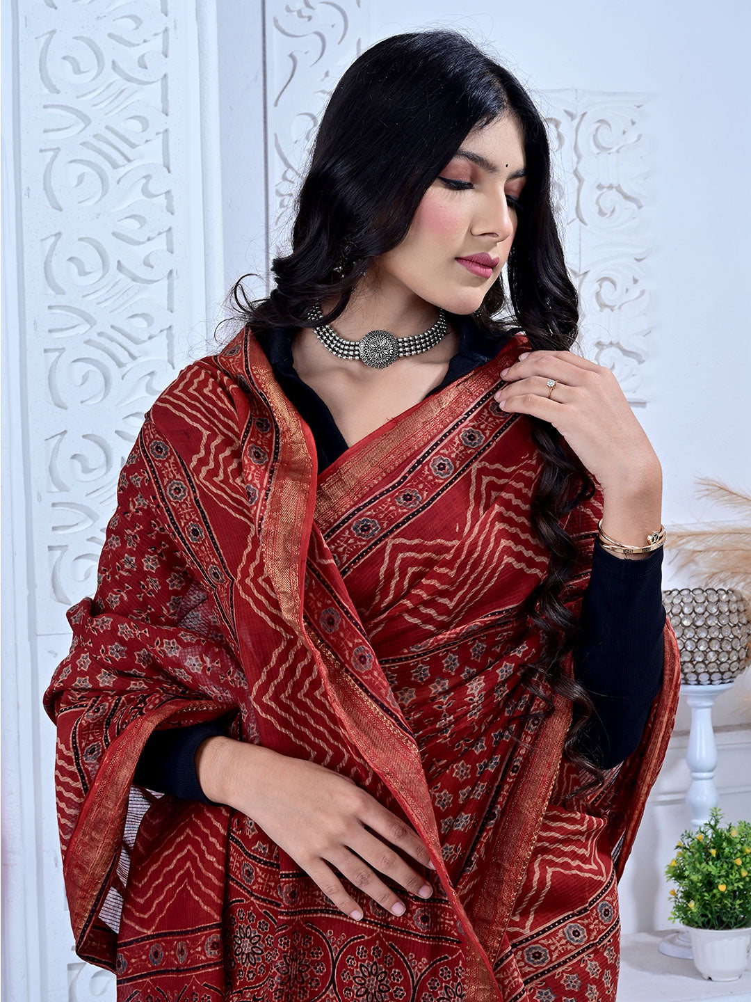 Ajrakh Hand Block Print Maheshwari silk saree