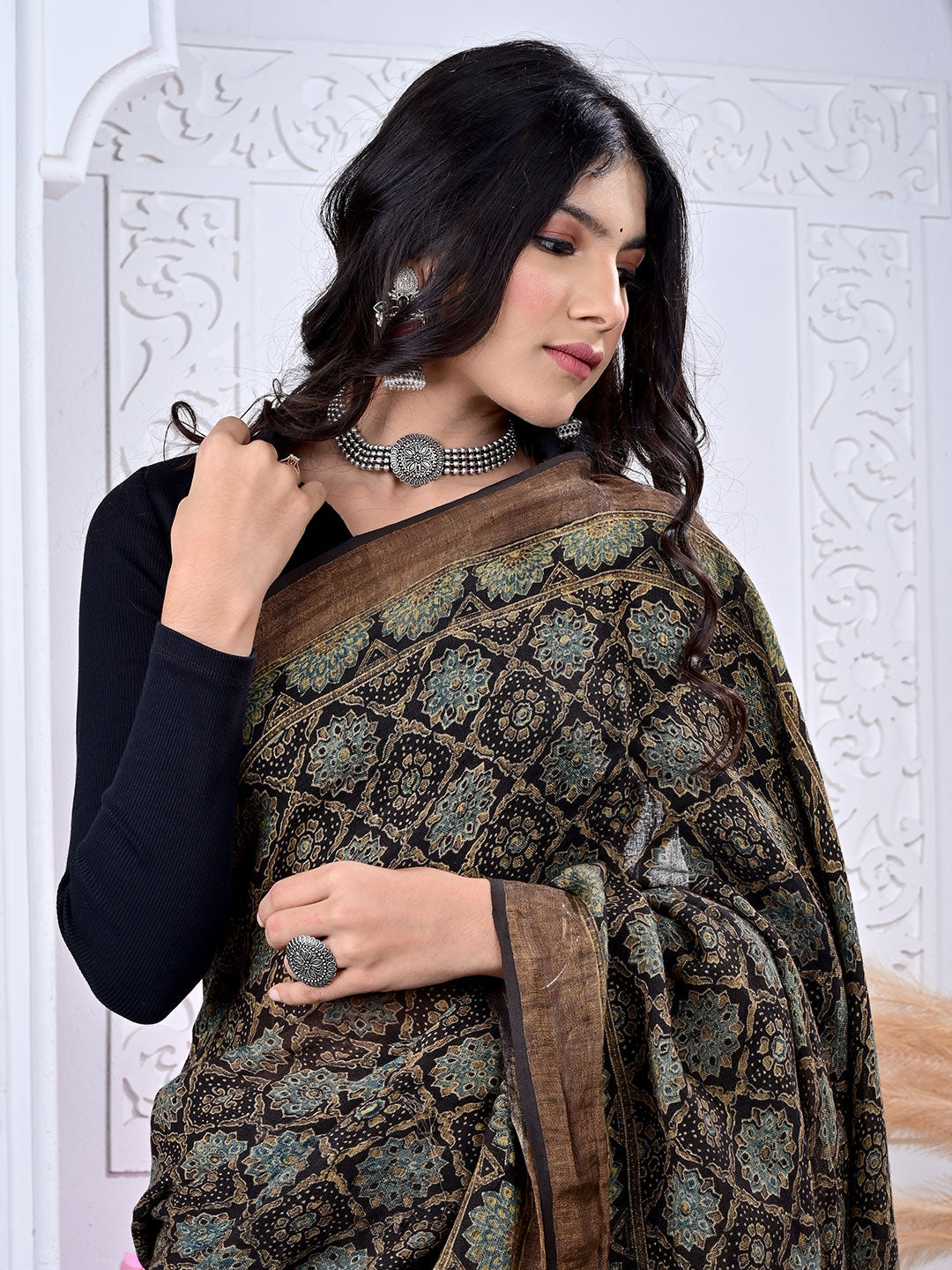 Ajrakh Hand Block Print Linen saree