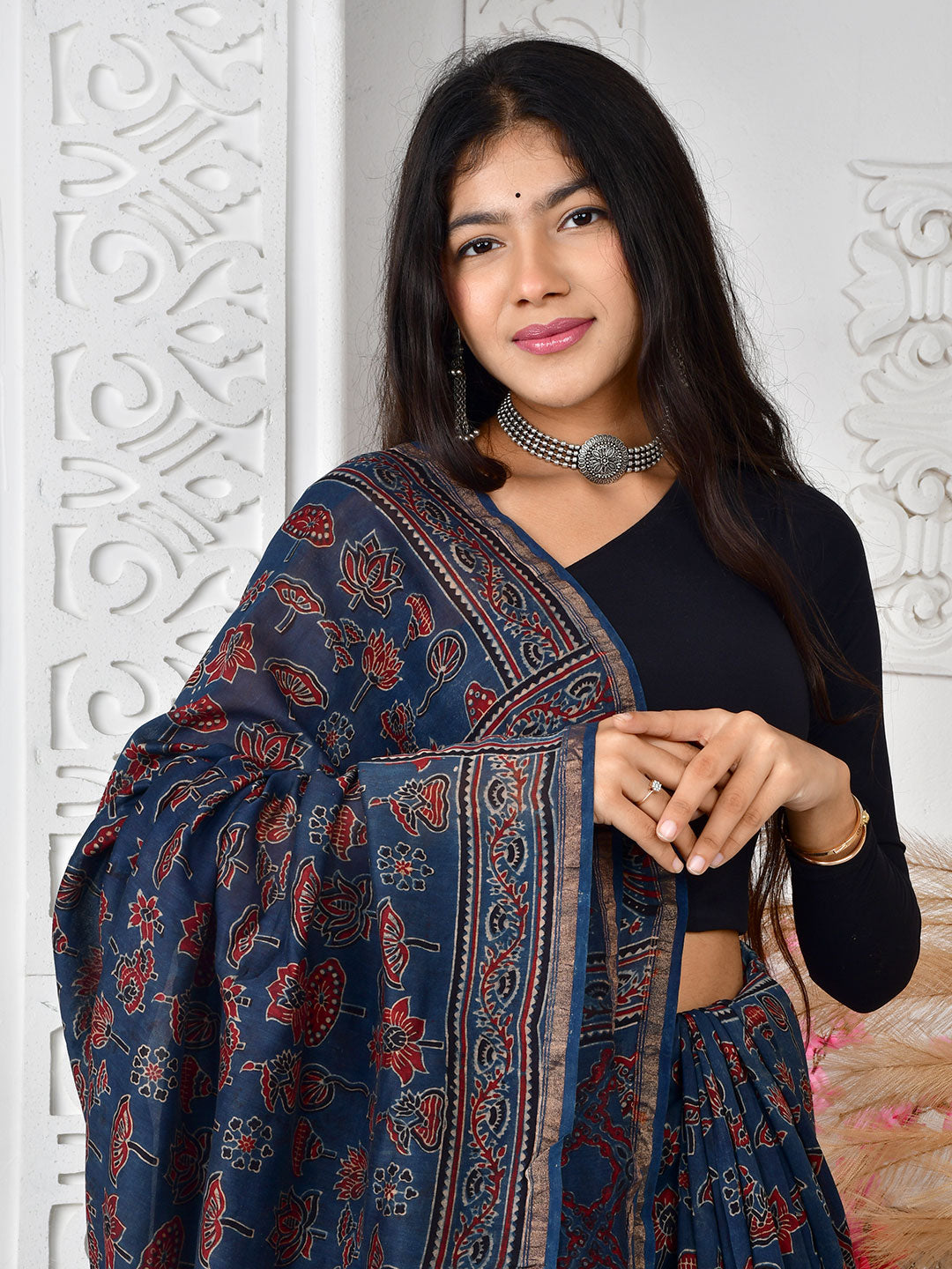 Ajrakh Hand Block Print Chanderi silk saree