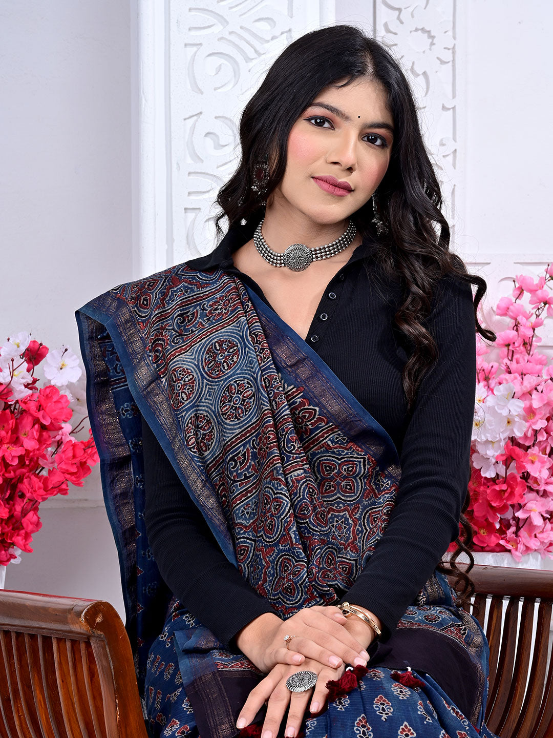 Ajrakh Hand Block Print Maheshwari silk saree