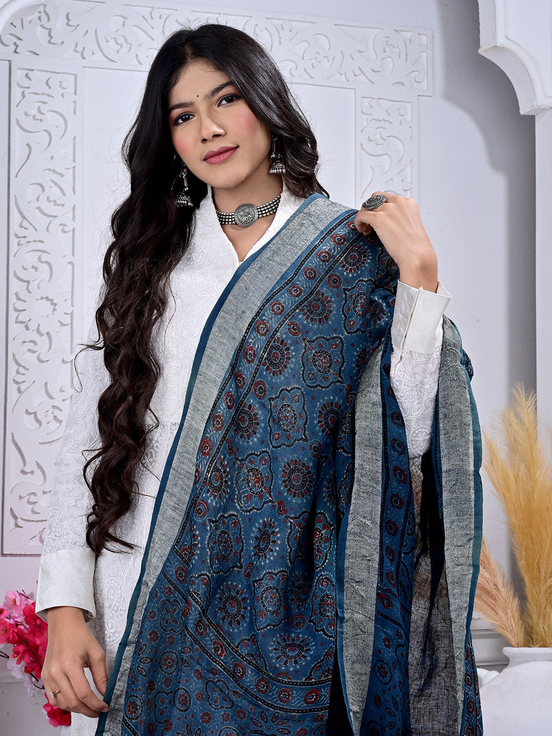 Ajrakh Hand Block Print Linen Dupatta