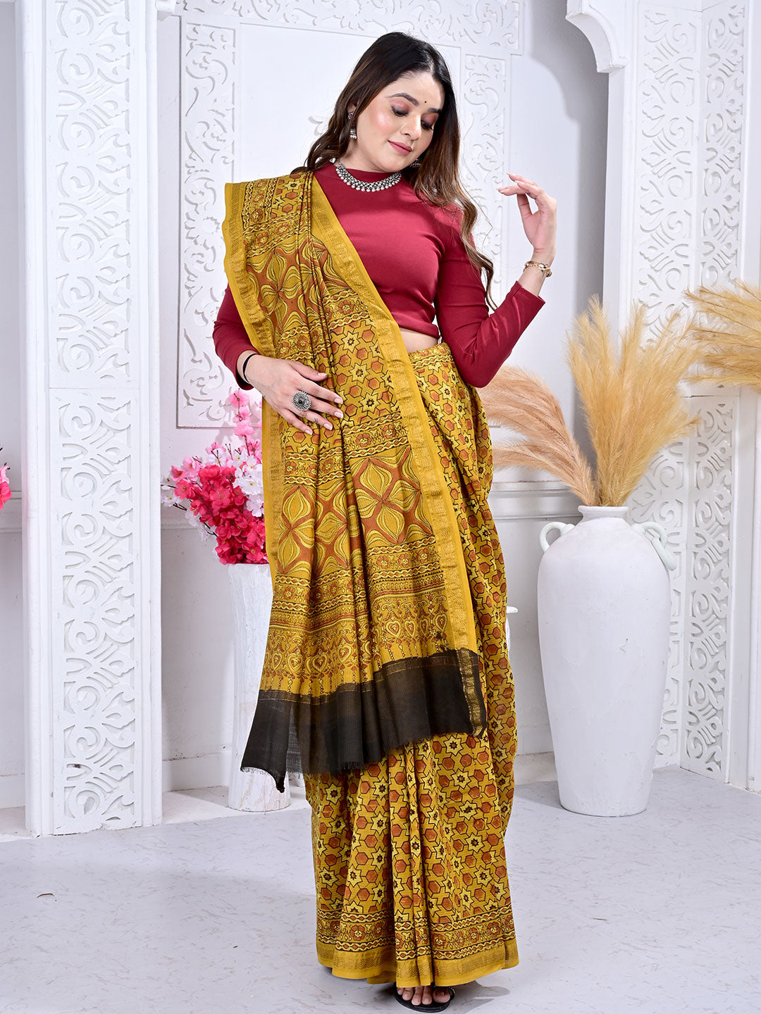 Ajrakh Hand Block Print Maheshwari silk saree