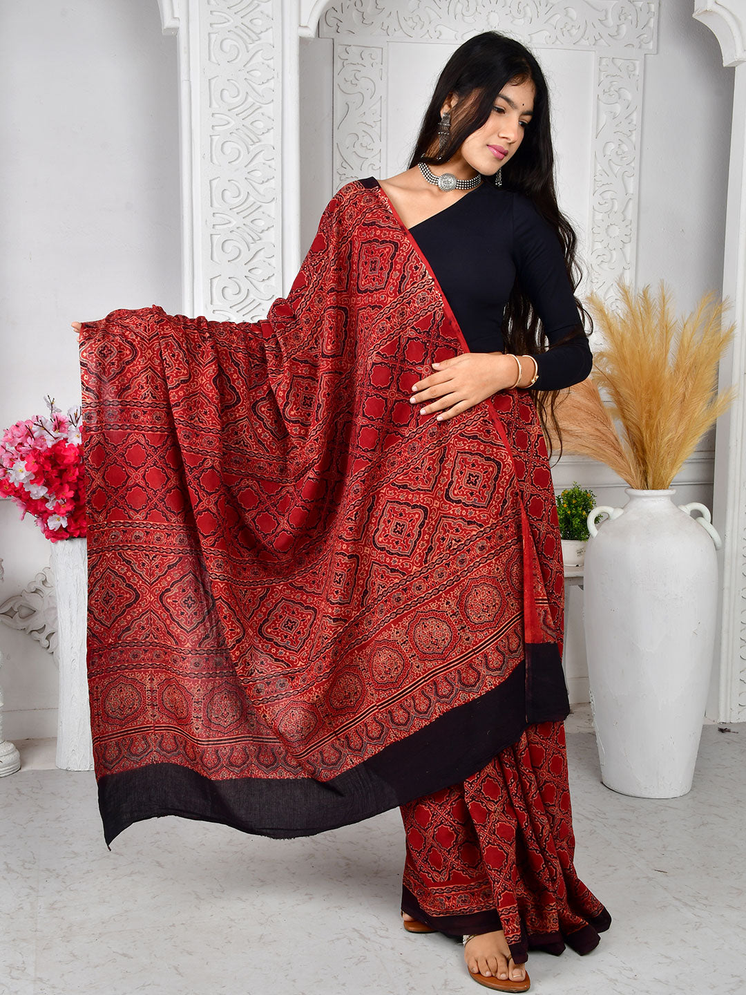 Ajrakh Hand Block Print Mul Cotton saree