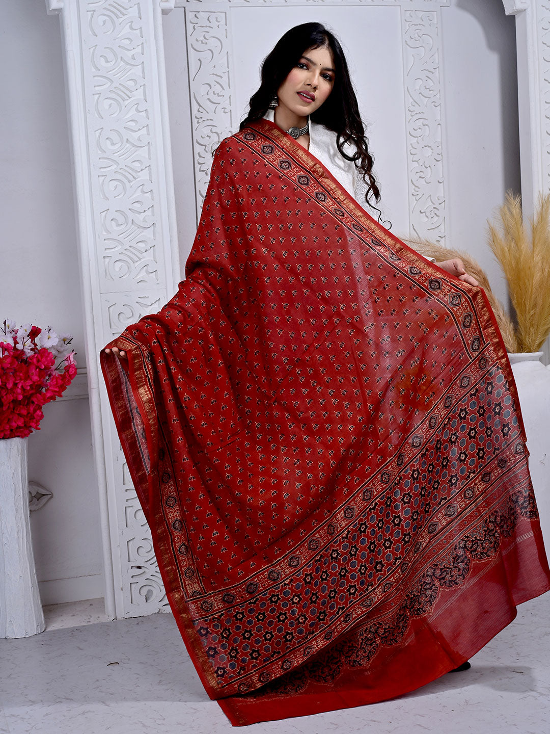 Ajrakh Hand Block Print Maheshwari silk Dupatta