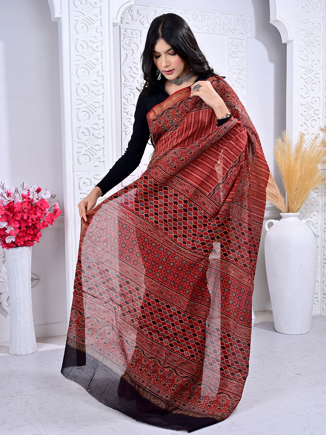 Ajrakh Hand Block Print Maheshwari silk saree