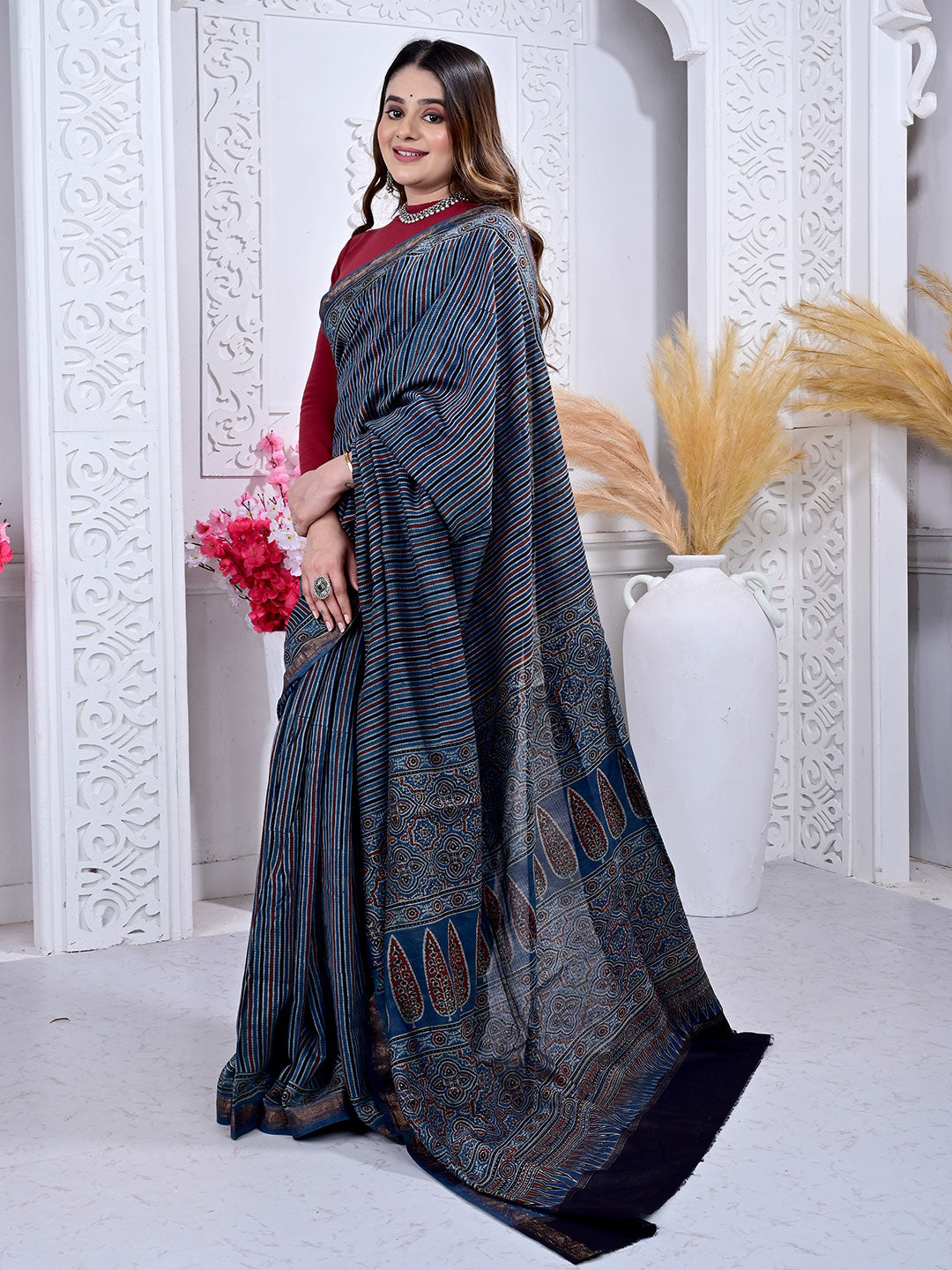 Ajrakh Hand Block Print Maheshwari silk saree