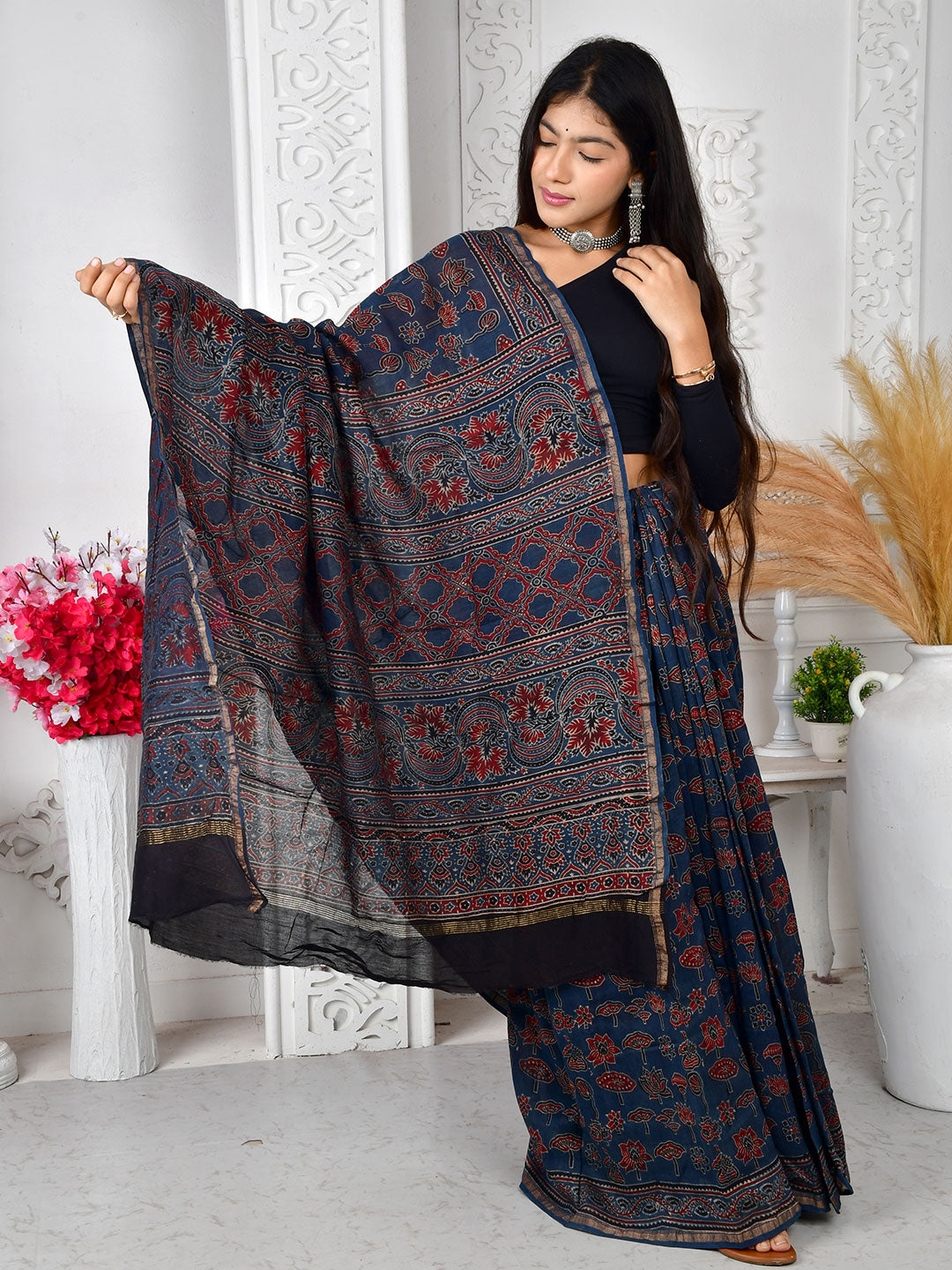 Ajrakh Hand Block Print Chanderi silk saree