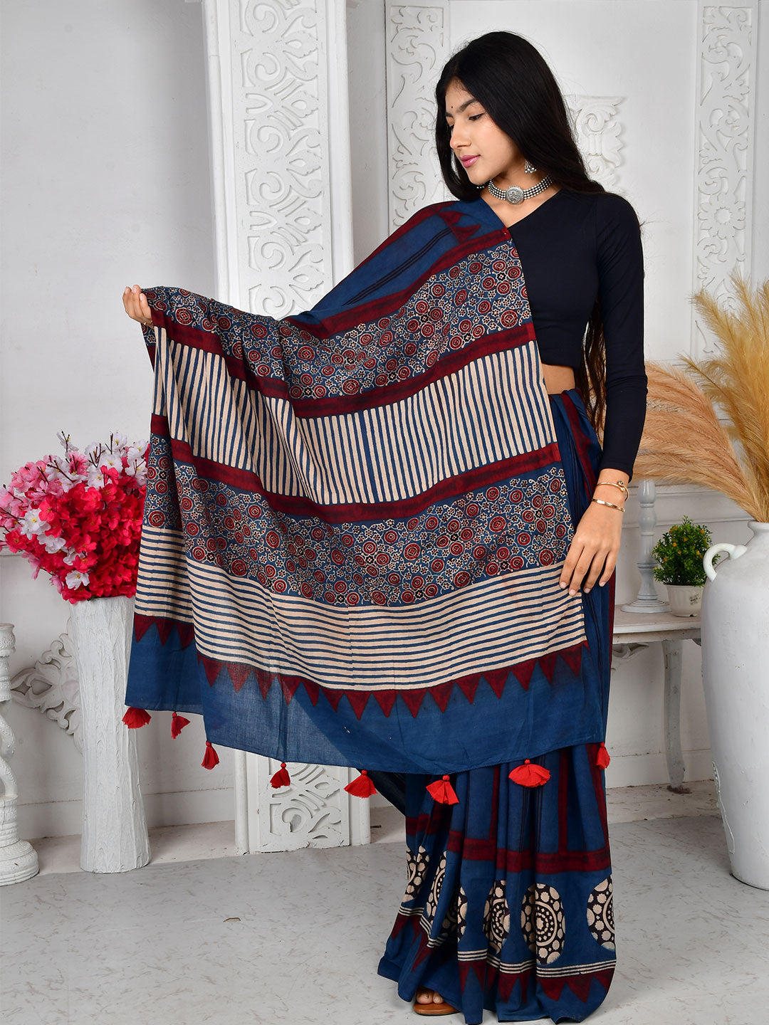 Ajrakh Hand Block Print Mul Cotton saree