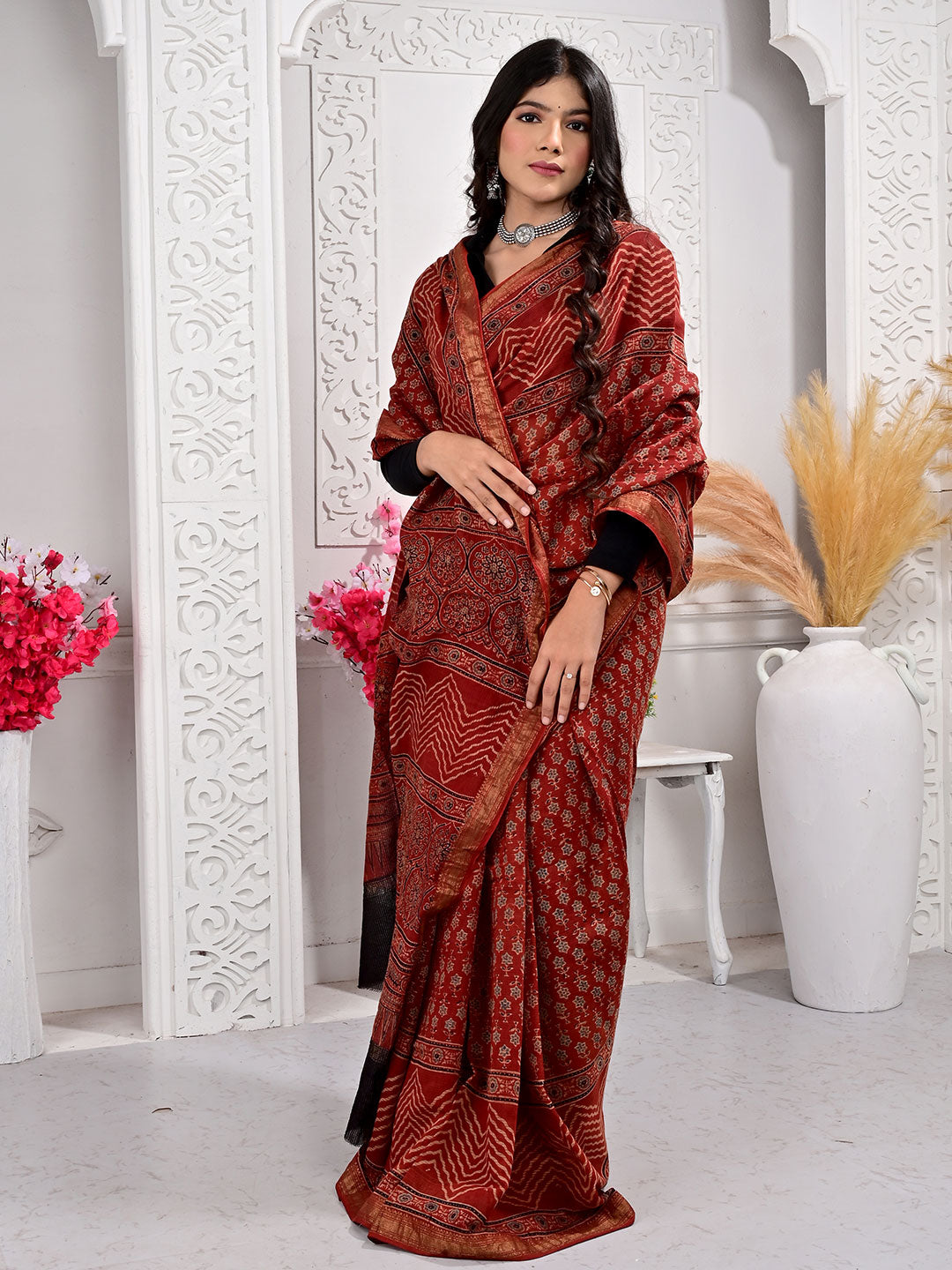 Ajrakh Hand Block Print Maheshwari silk saree