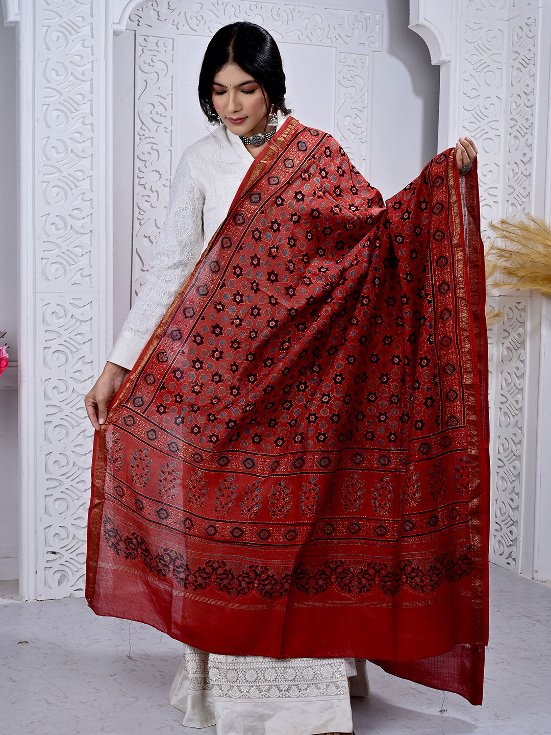 Ajrakh Hand Block Print Maheshwari silk Dupatta