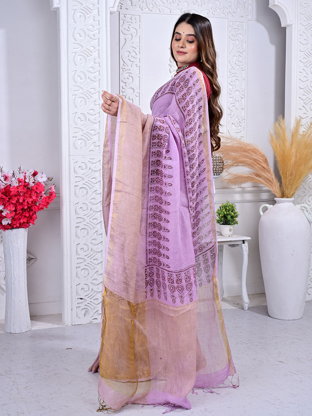 Ajrakh Hand Block Print Linen saree