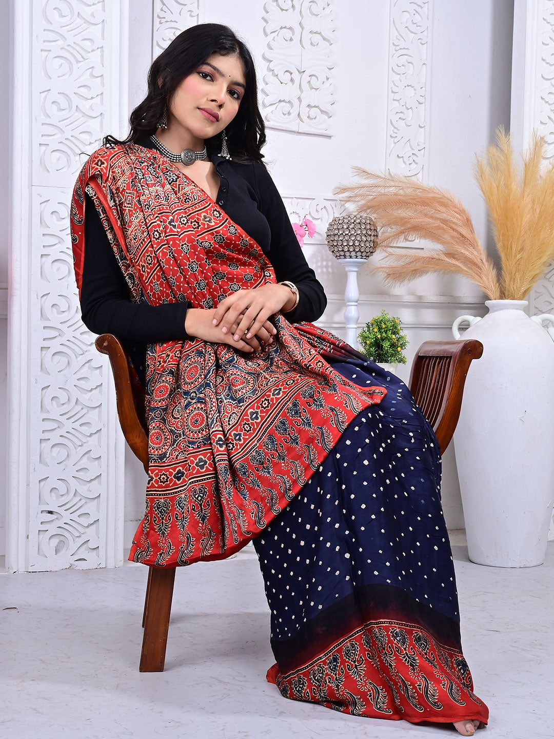 Ajrakh Hand Block Print Bandhej saree