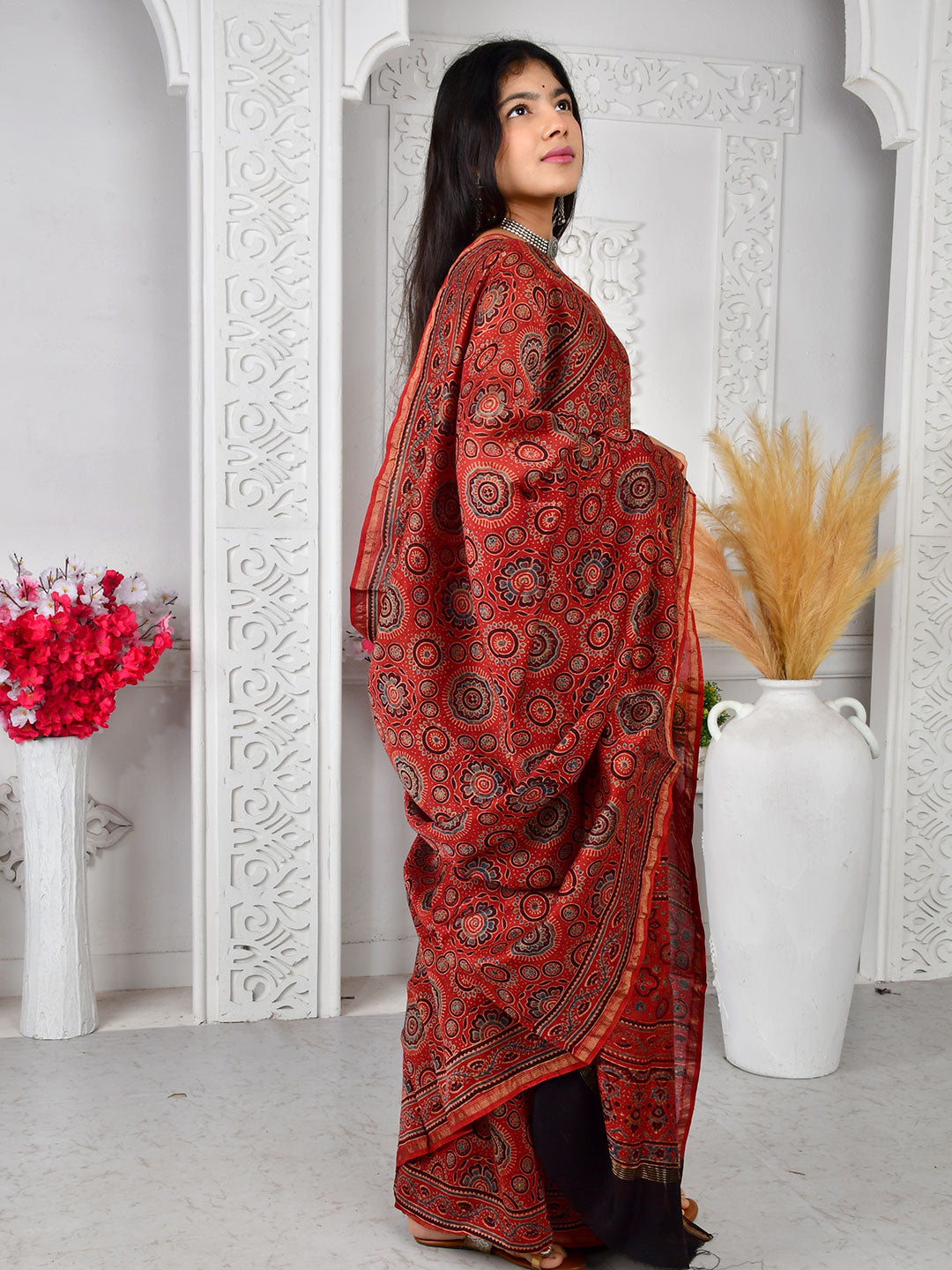 Ajrakh Hand Block Print Chanderi silk saree