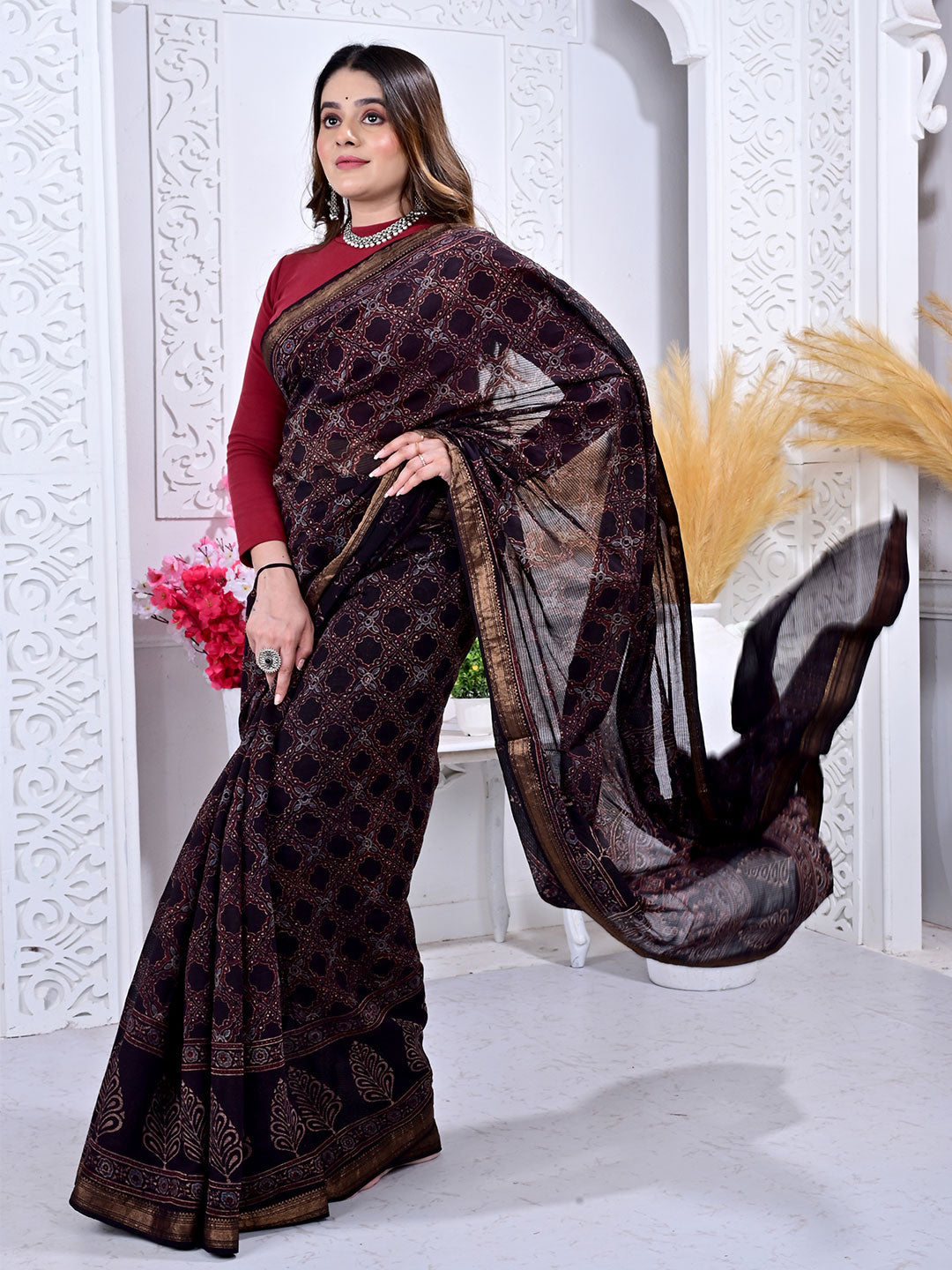 Ajrakh Hand Block Print Maheshwari silk saree