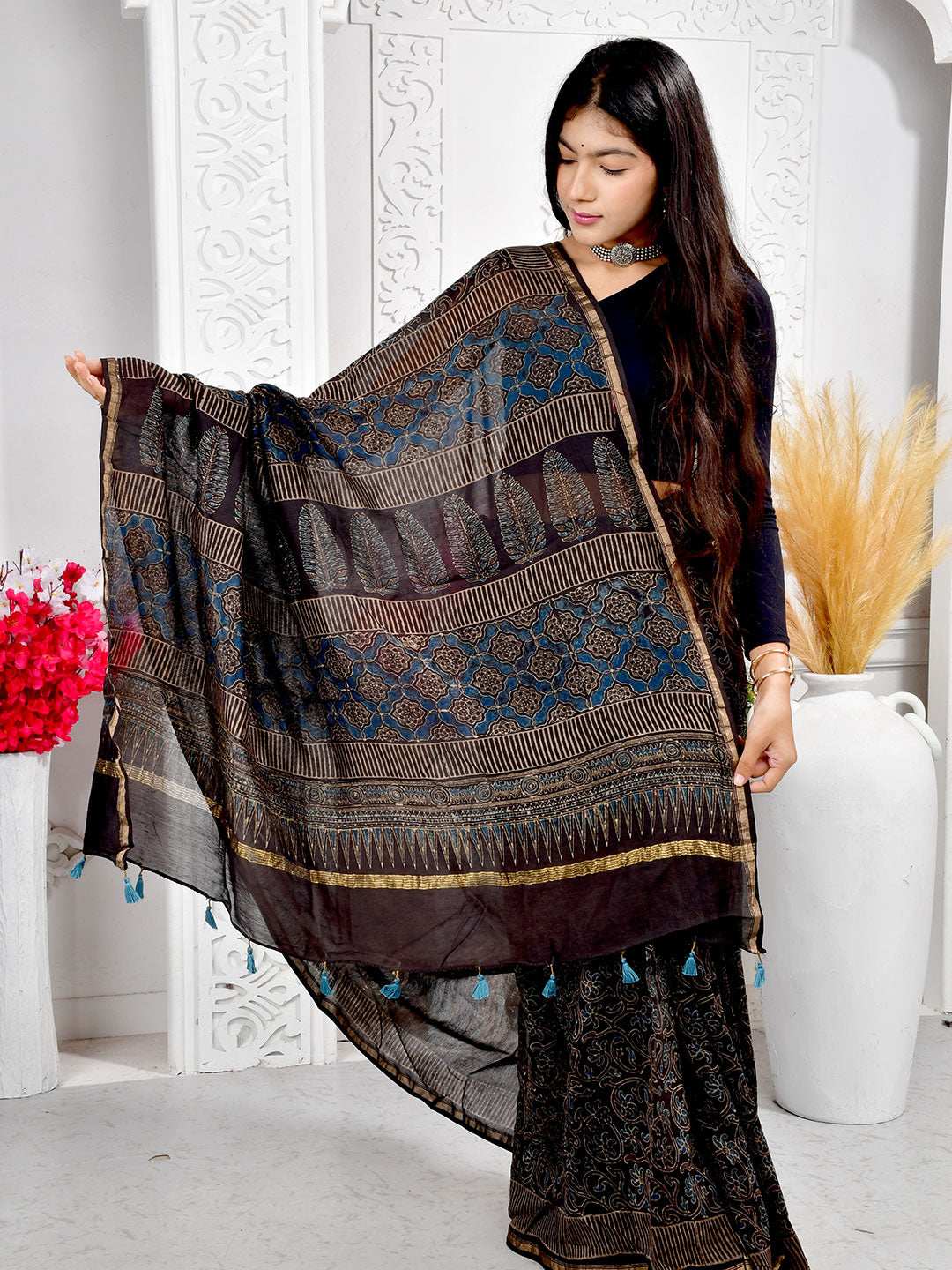 Ajrakh Hand Block Print Chanderi silk saree