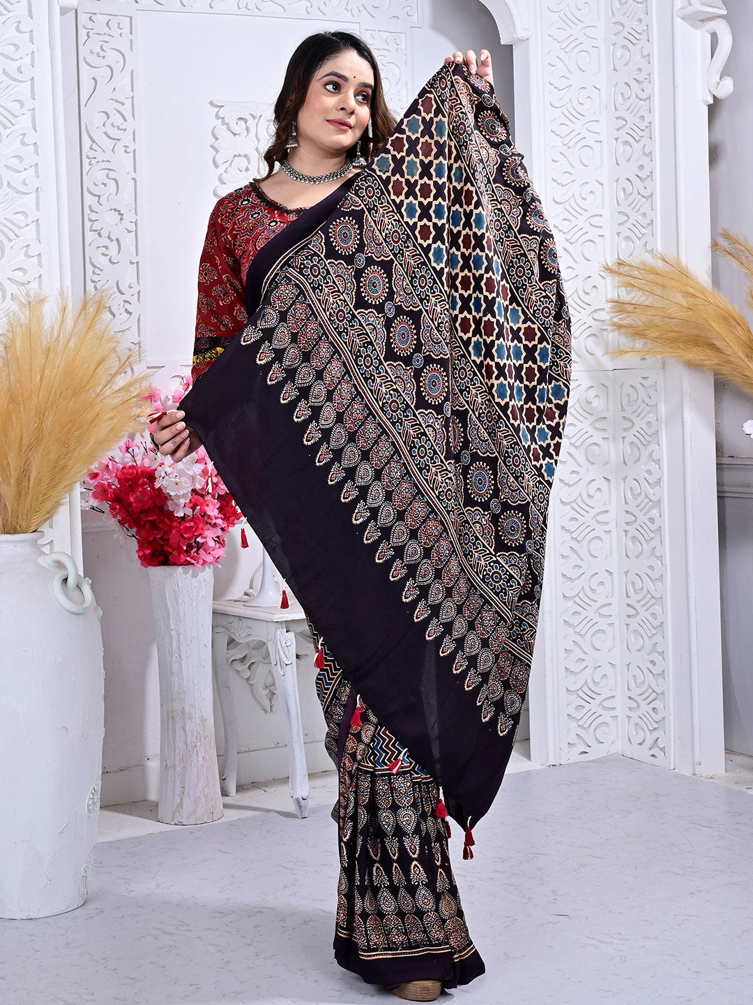 Ajrakh Hand Block Print Modal silk saree