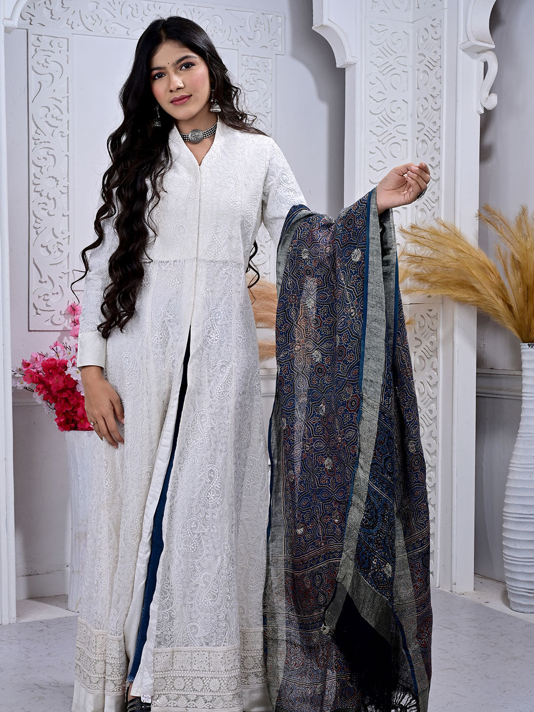 Ajrakh Hand Block Print Linen Dupatta