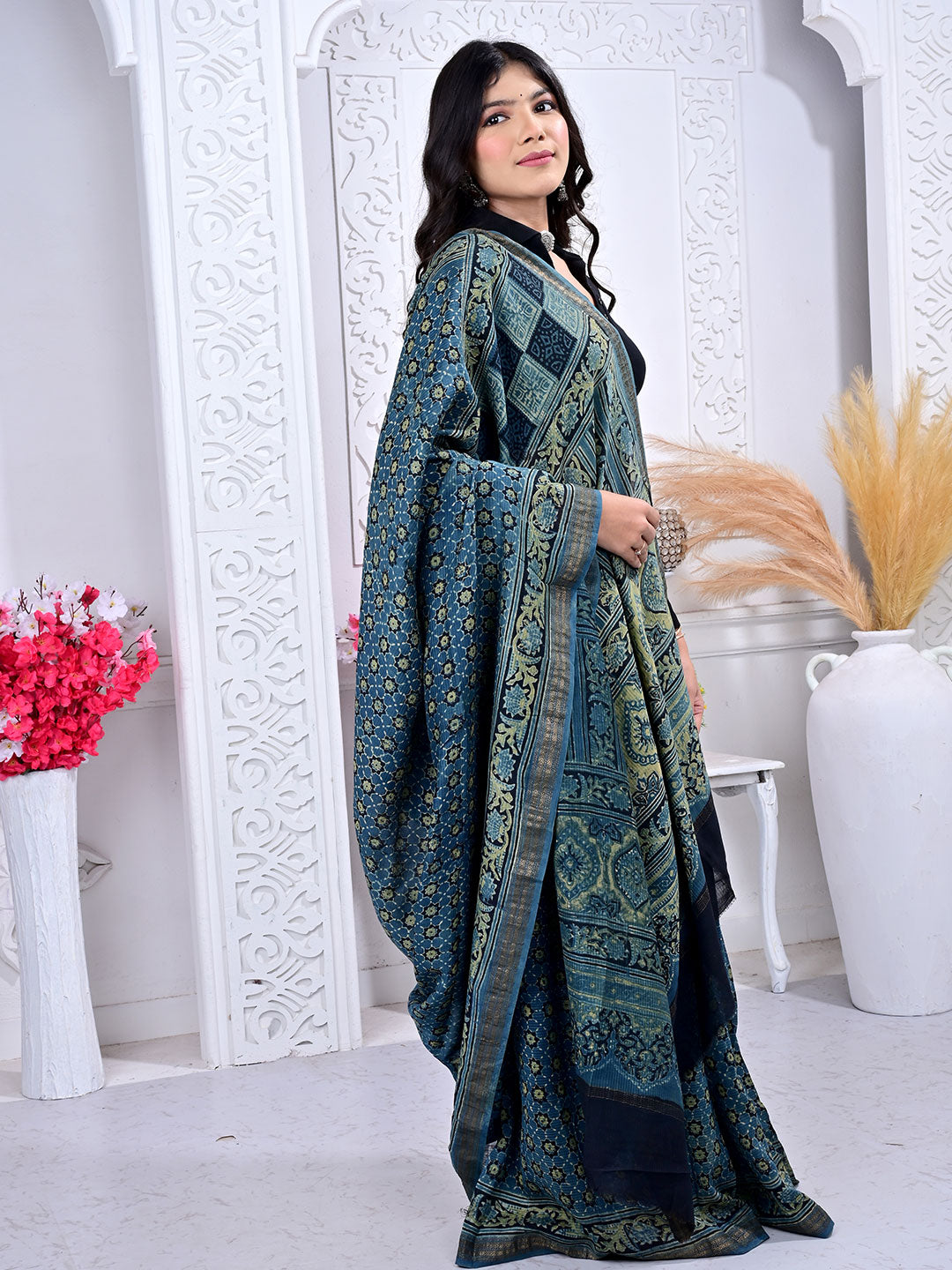 Ajrakh Hand Block Print Maheshwari silk saree