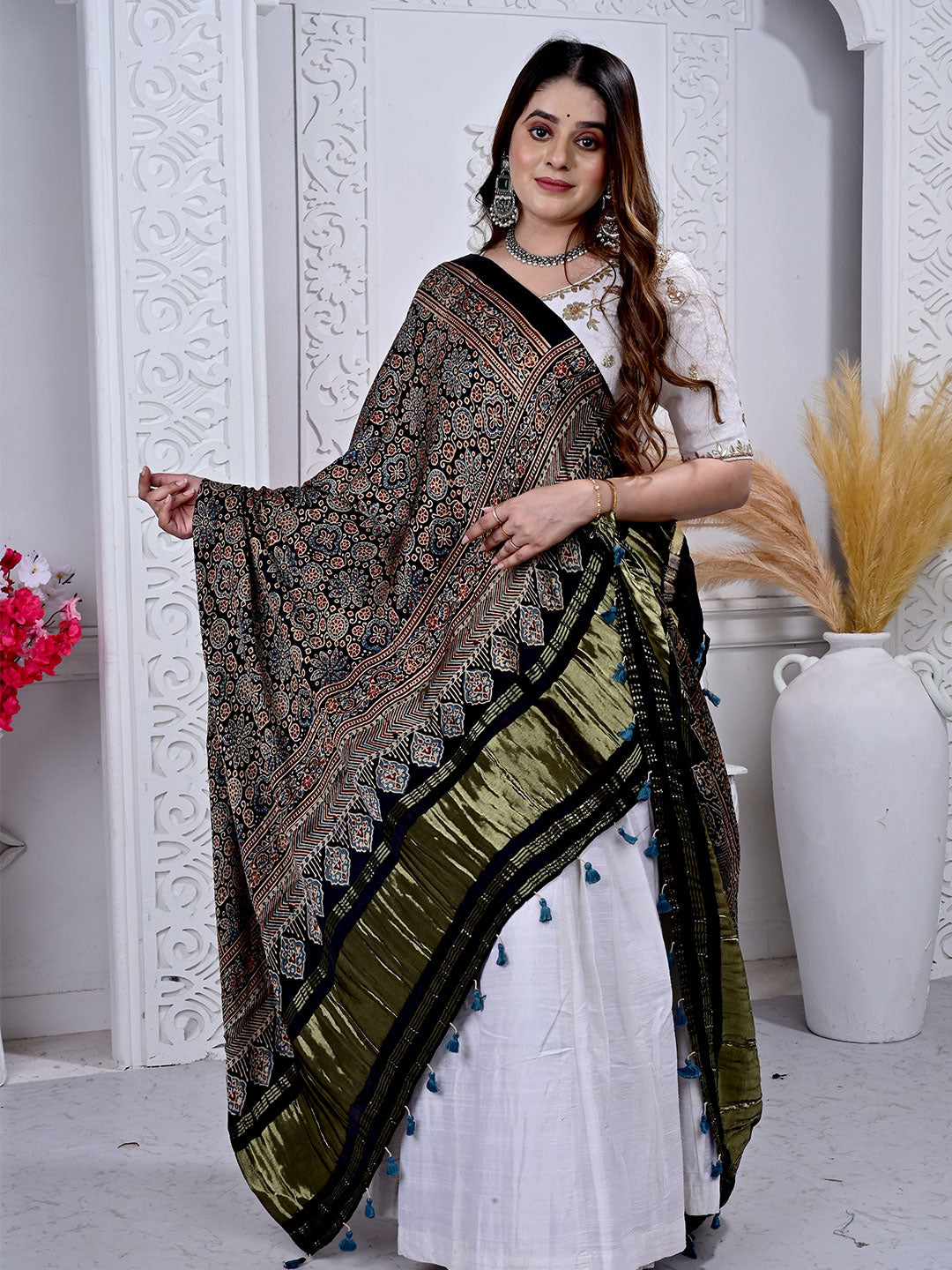 Ajrakh Hand Block Print Modal silk Dupatta