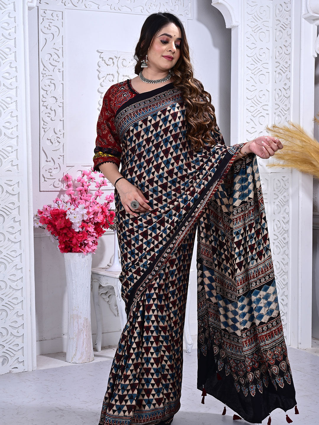 Ajrakh Hand Block Print Modal silk saree