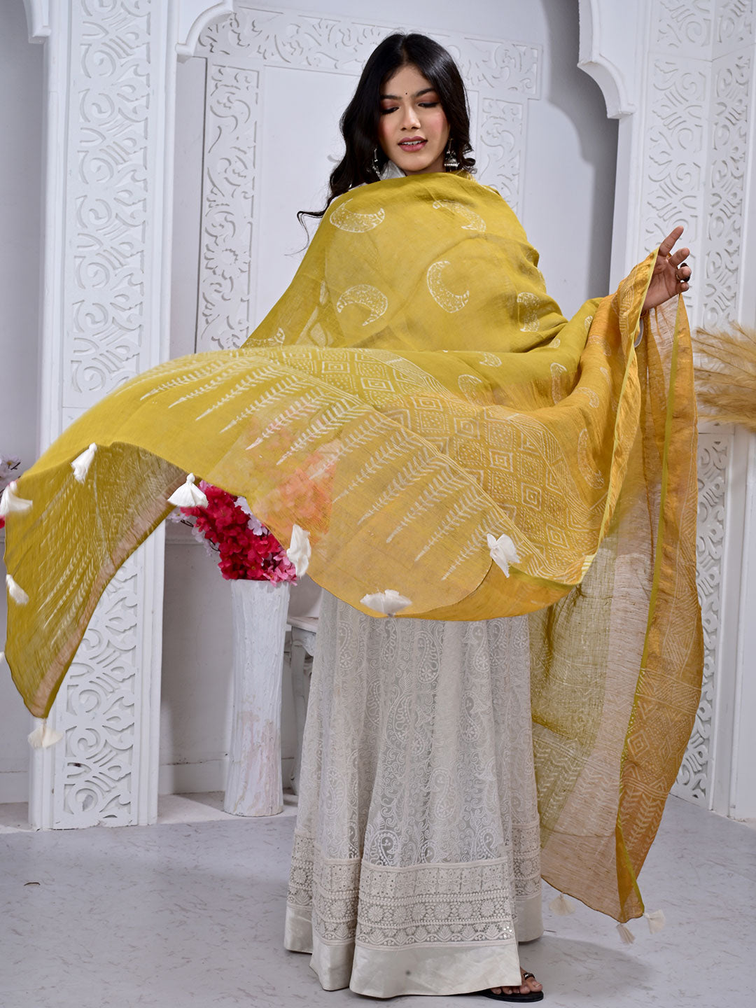 Ajrakh Hand Block Print Linen Dupatta