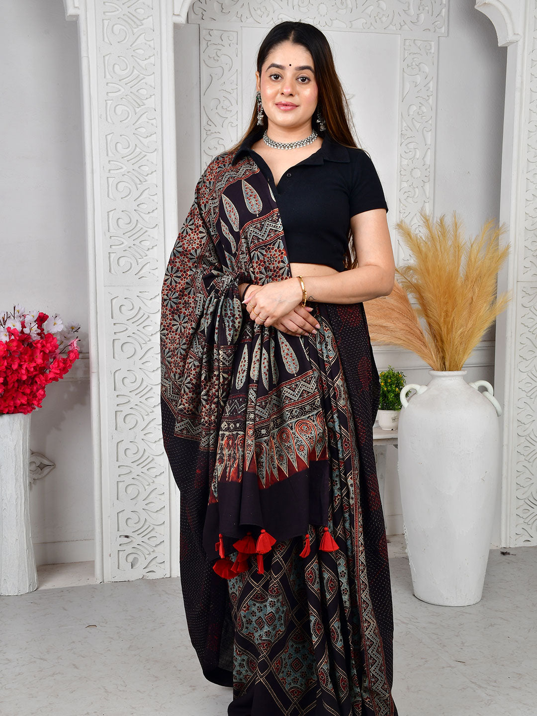 Ajrakh Hand Block Print Mul Cotton saree