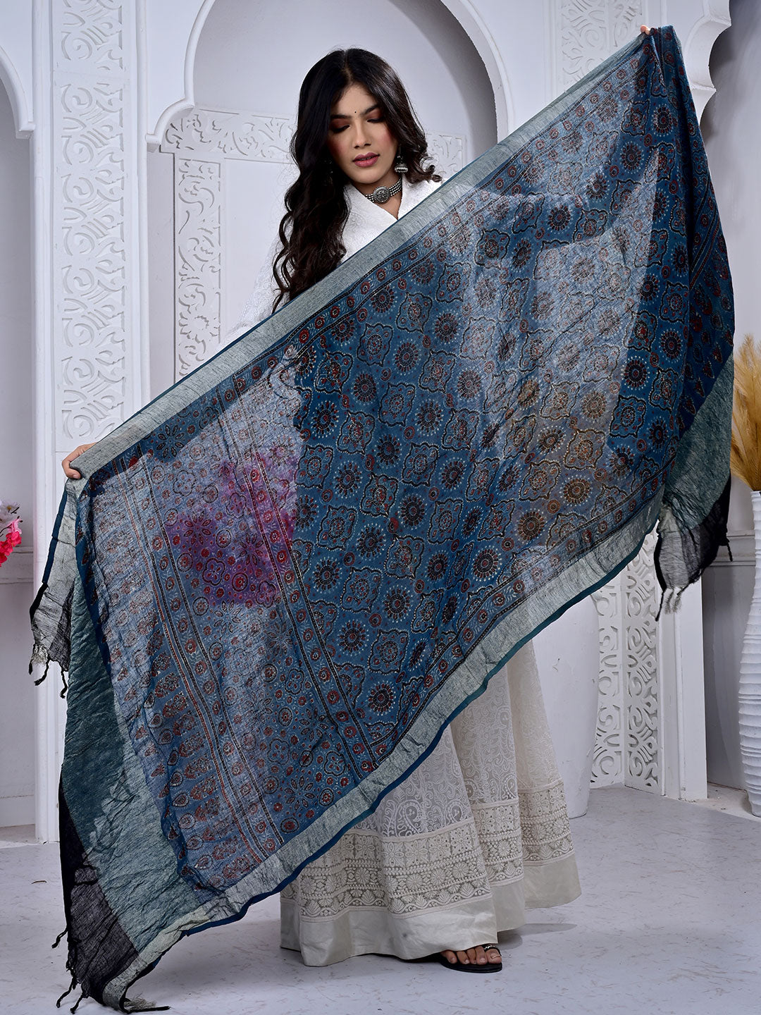 Ajrakh Hand Block Print Linen Dupatta