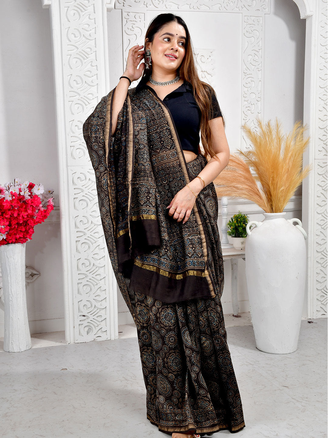 Ajrakh Hand Block Print Chanderi silk saree