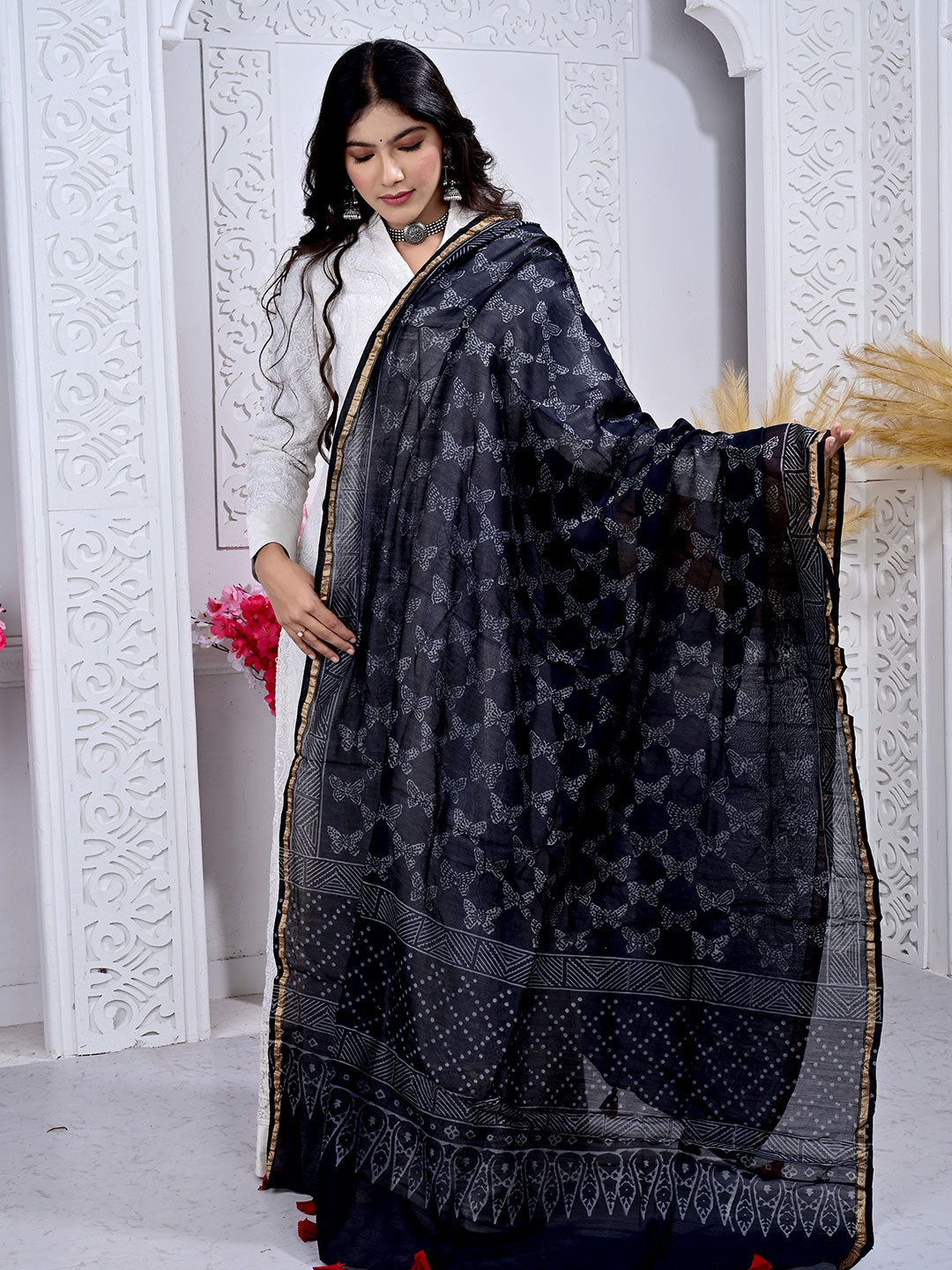 Ajrakh Hand Block Print chanderi Silk Dupatta