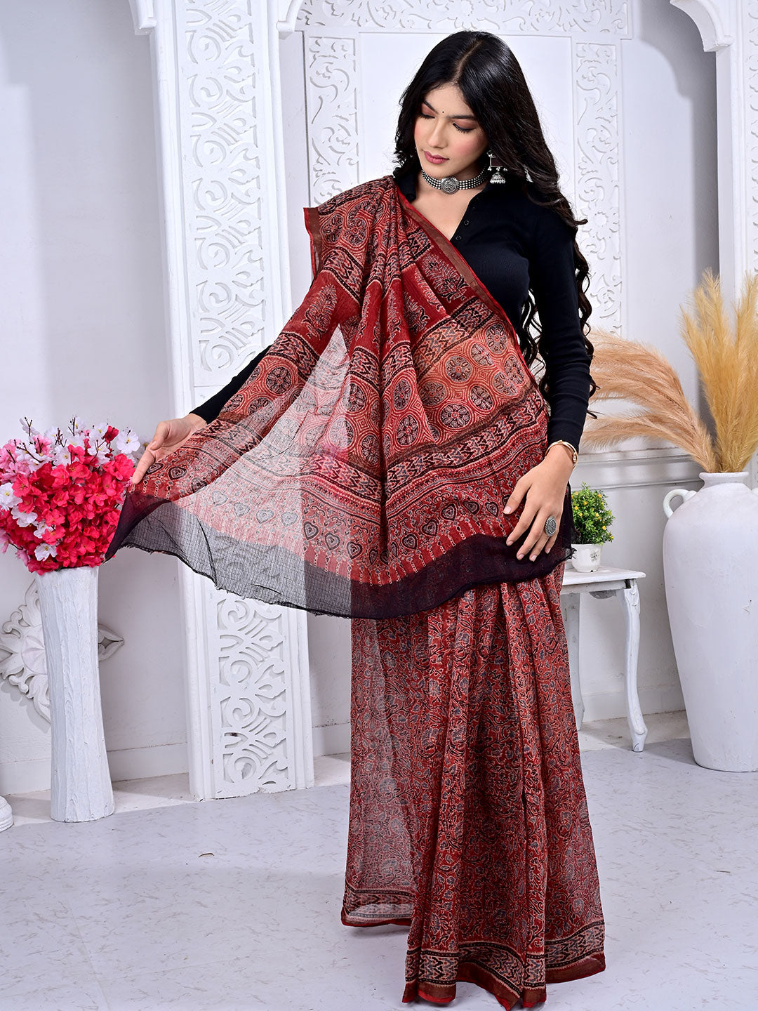 Ajrakh Hand Block Print Kota Cotton saree