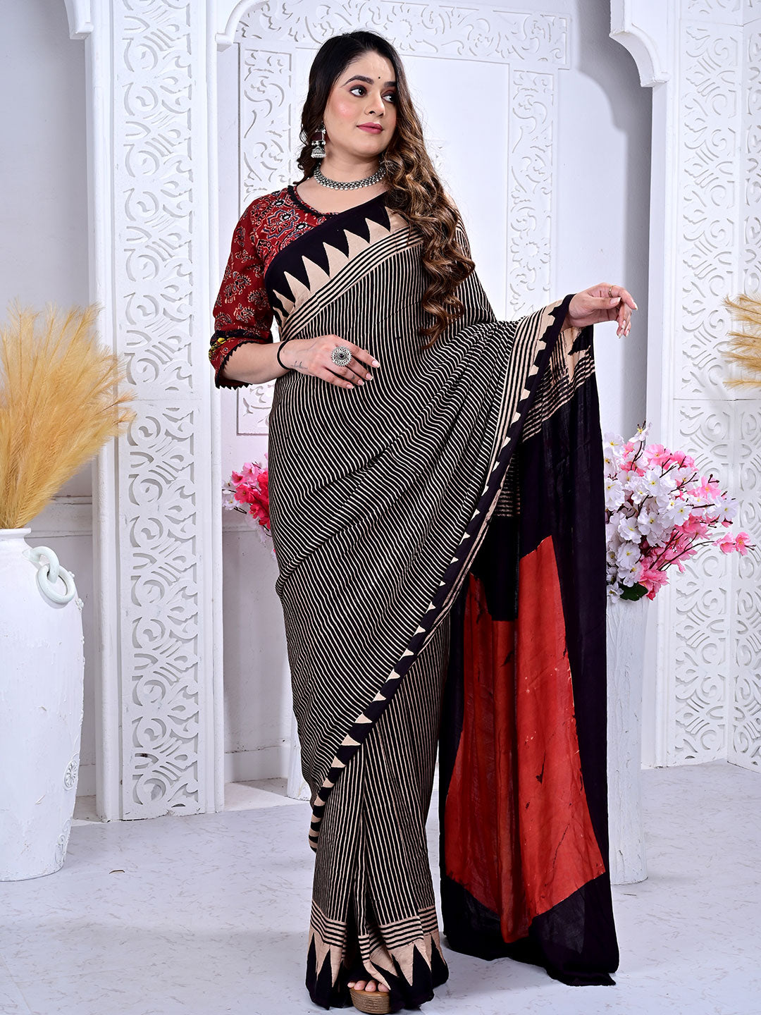 Ajrakh Hand Block Print Modal silk saree