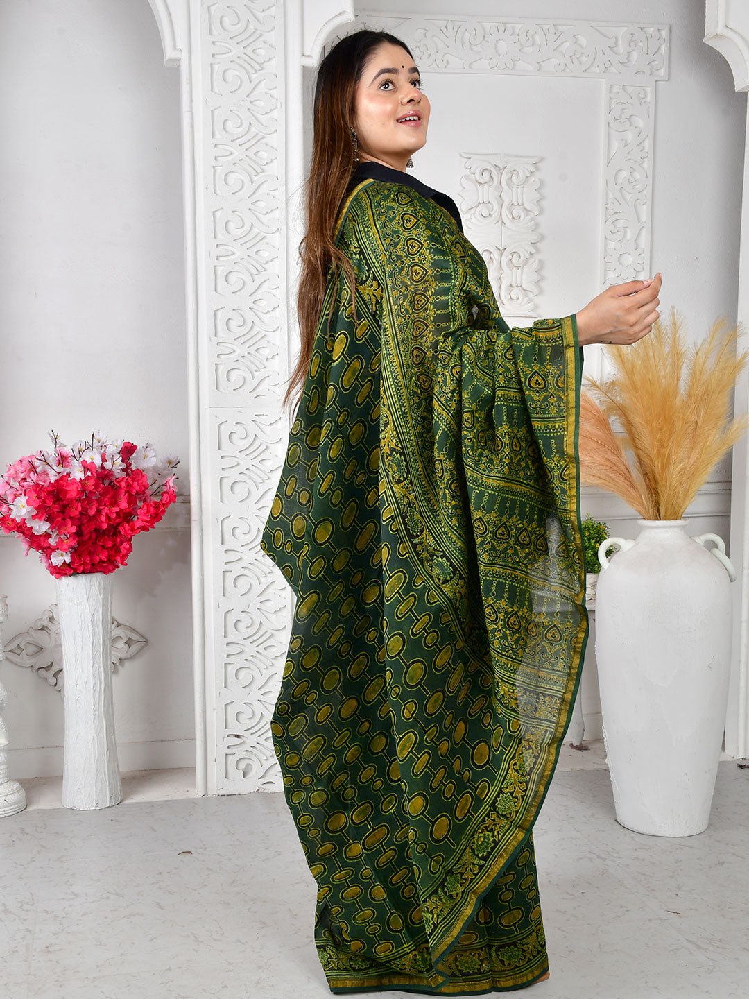 Ajrakh Hand Block Print Chanderi silk saree