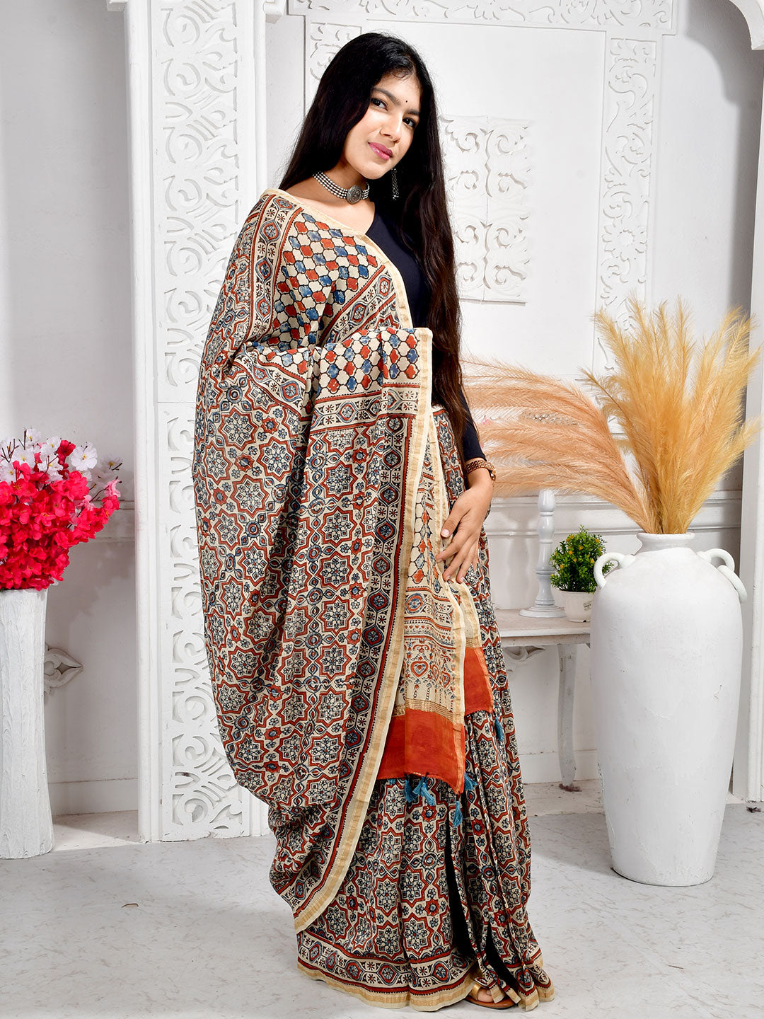 Ajrakh Hand Block Print Chanderi silk saree