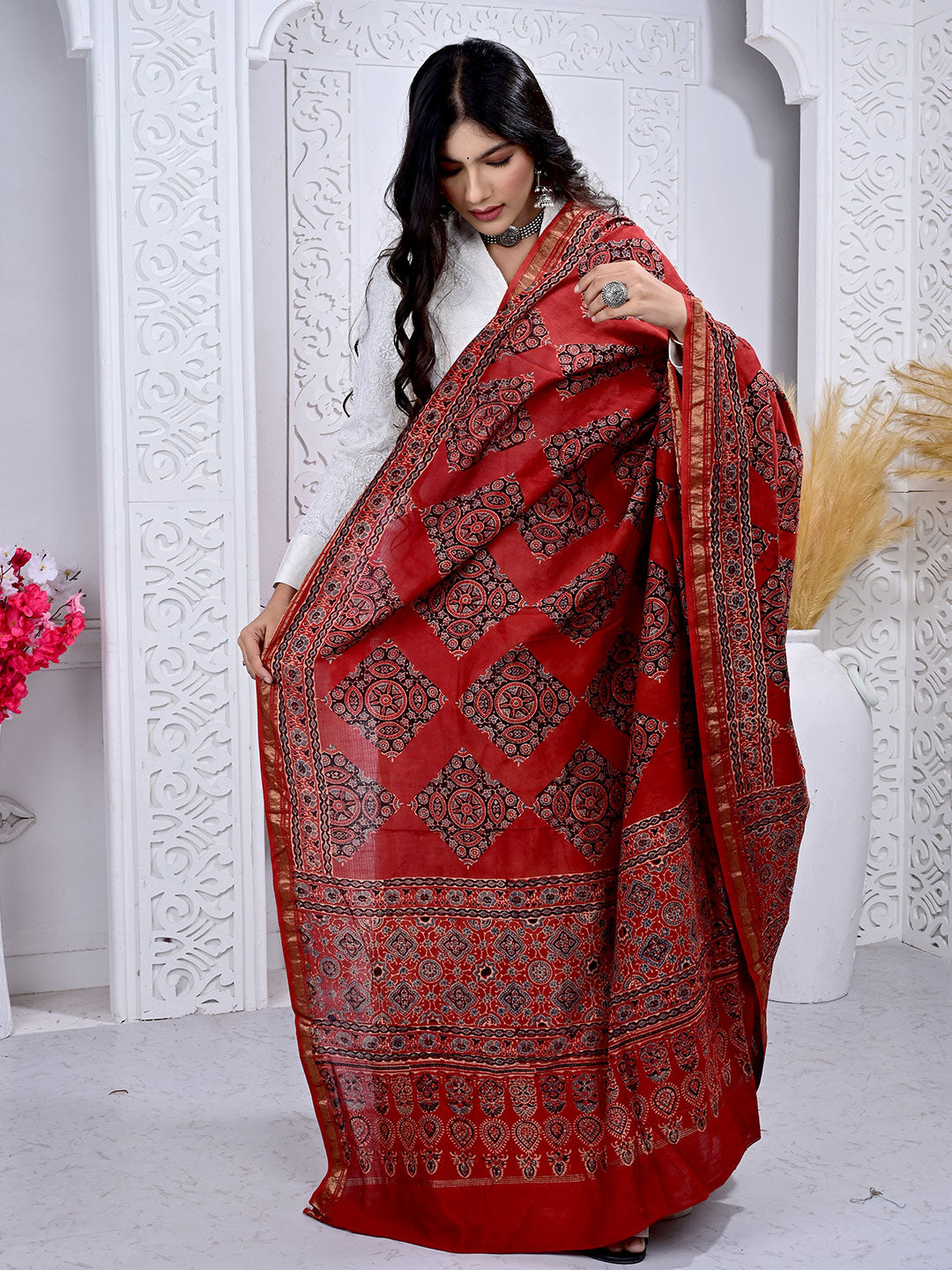 Ajrakh Hand Block Print Maheshwari silk Dupatta