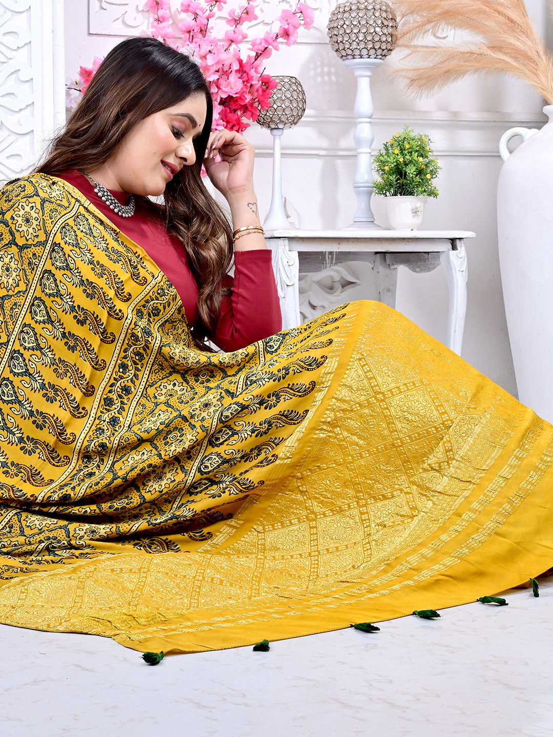 Ajrakh Hand Block Print Modal silk saree