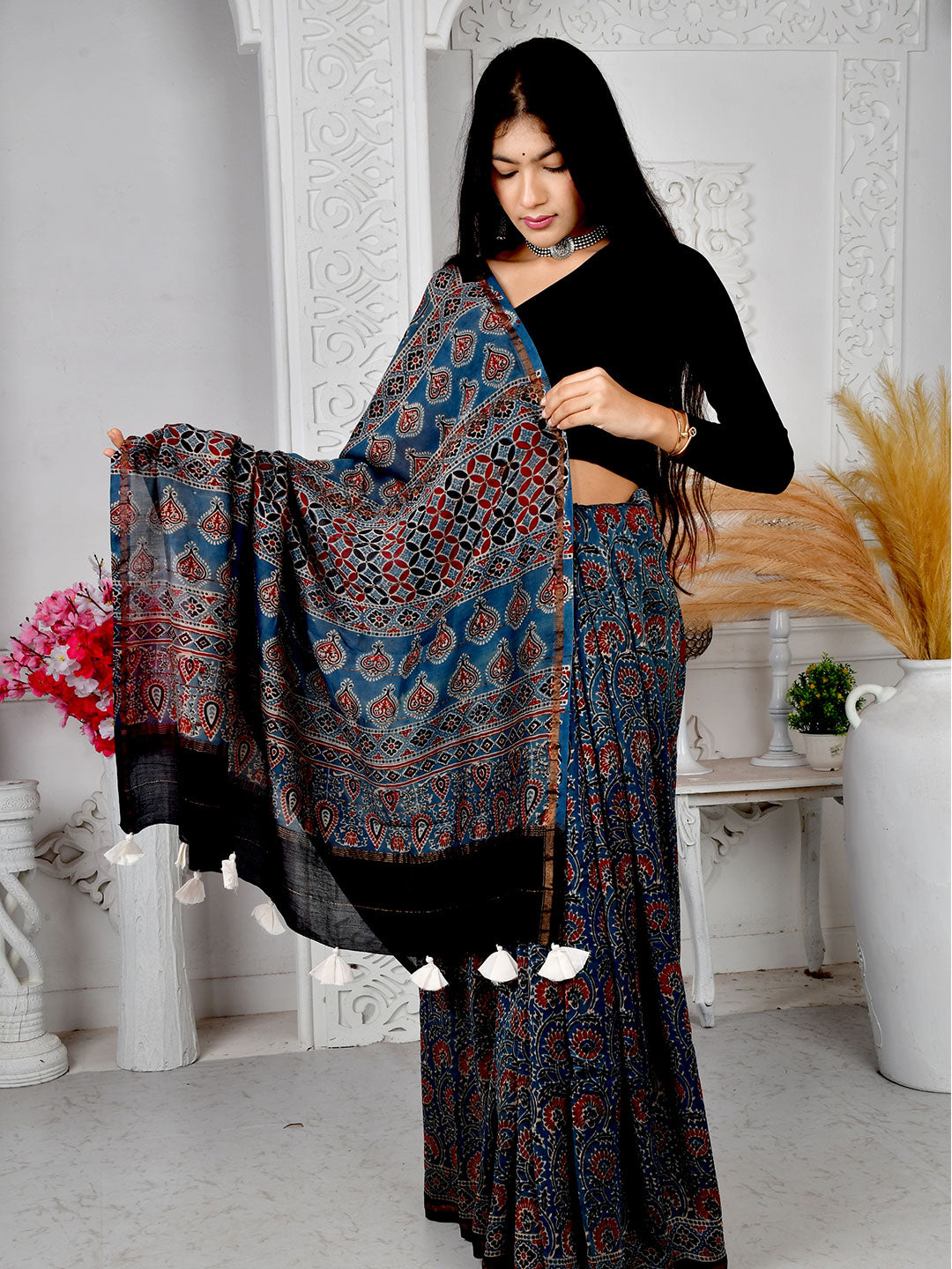 Ajrakh Hand Block Print Chanderi silk saree