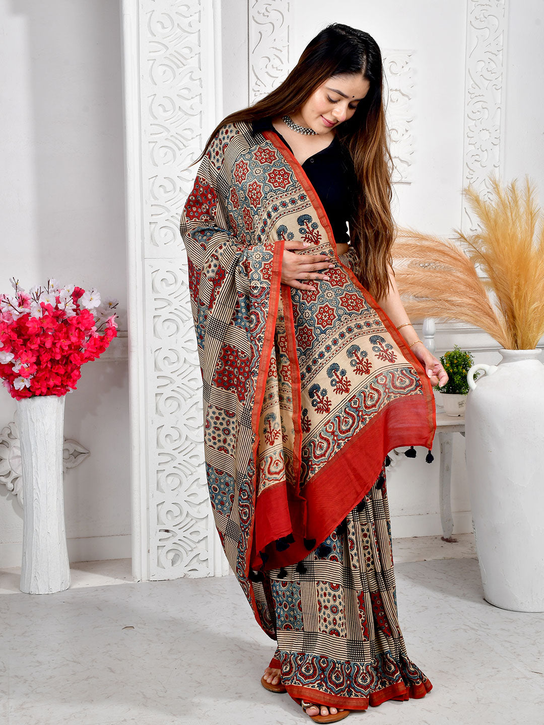 Ajrakh Hand Block Print Chanderi silk saree