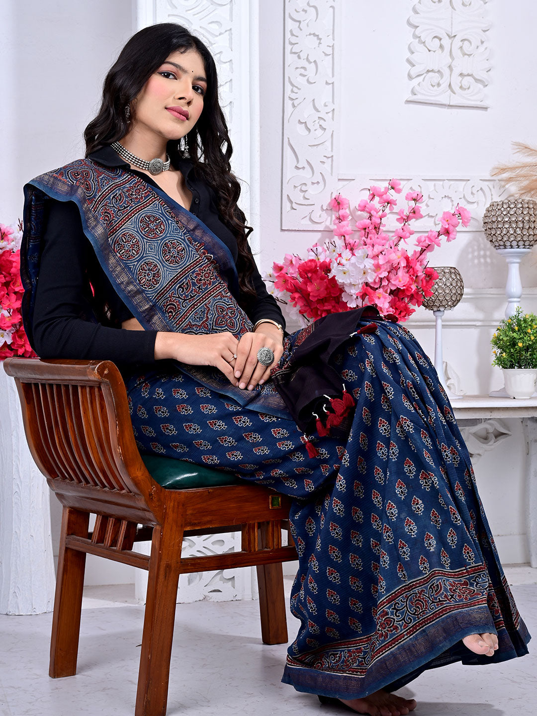 Ajrakh Hand Block Print Maheshwari silk saree