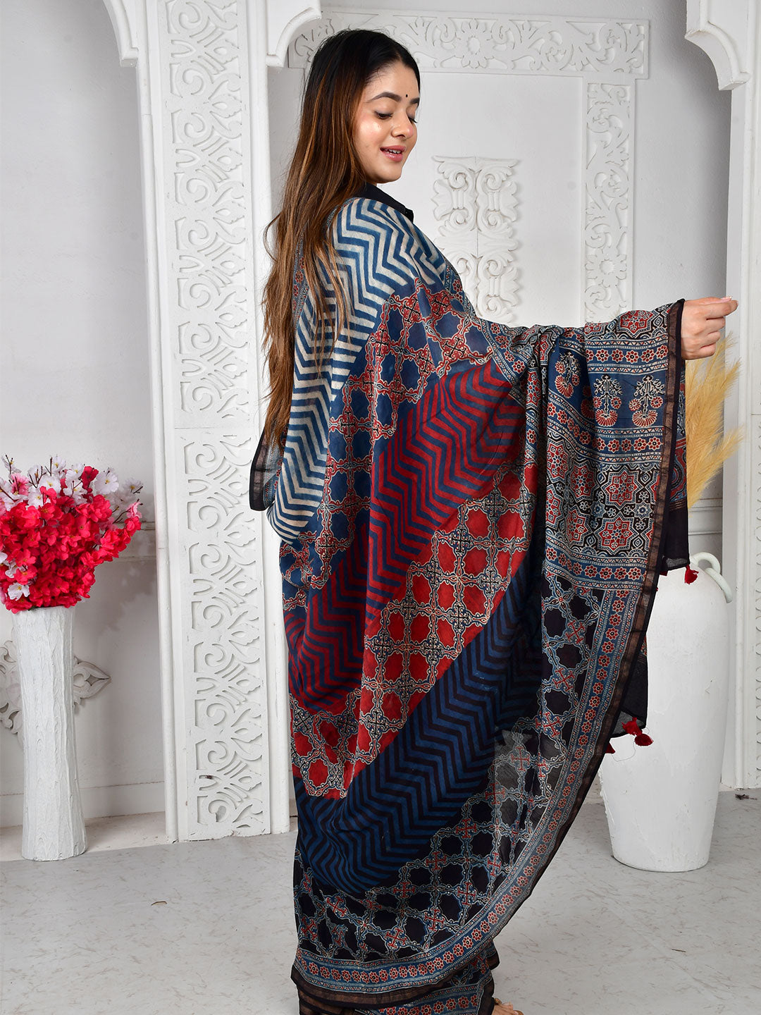 Ajrakh Hand Block Print Chanderi silk saree