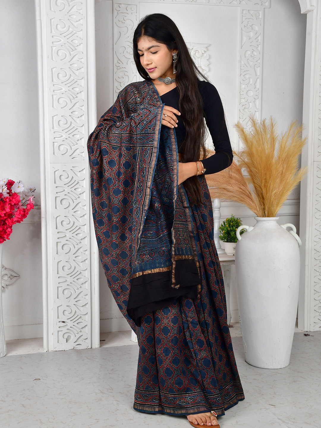 Ajrakh Hand Block Print Chanderi silk saree