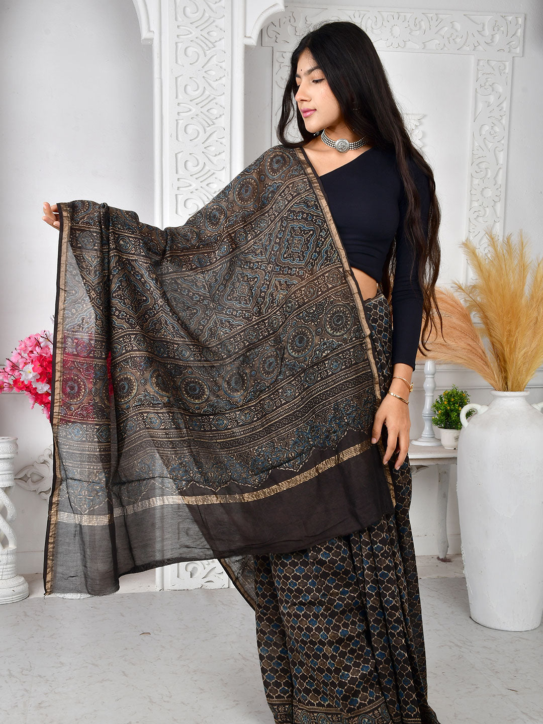 Ajrakh Hand Block Print Chanderi silk saree