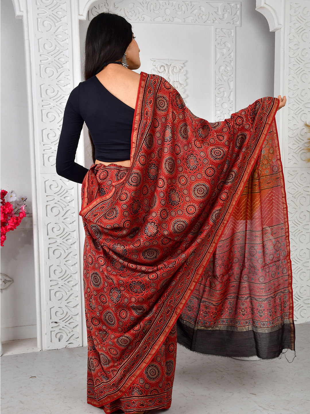 Ajrakh Hand Block Print Chanderi silk saree