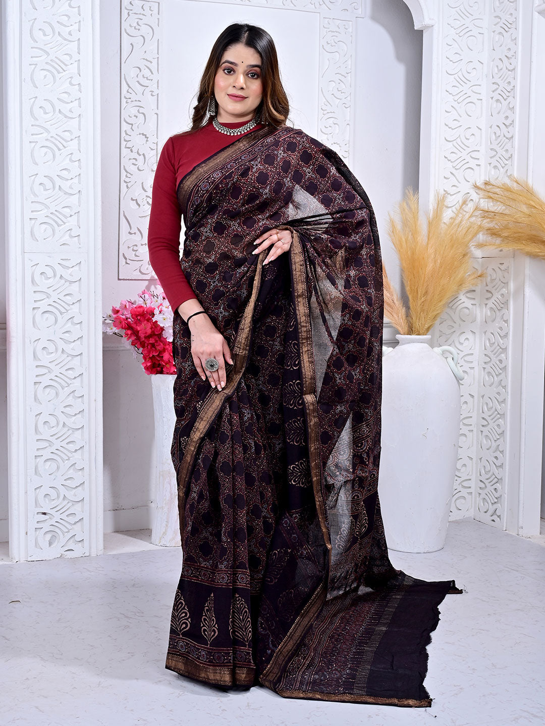 Ajrakh Hand Block Print Maheshwari silk saree