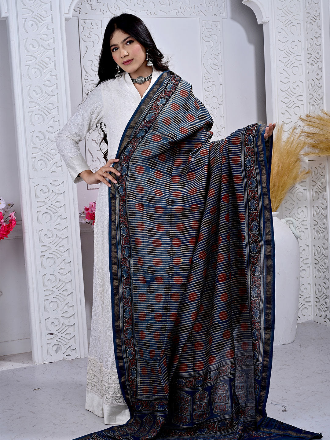 Ajrakh Hand Block Print Maheshwari silk Dupatta