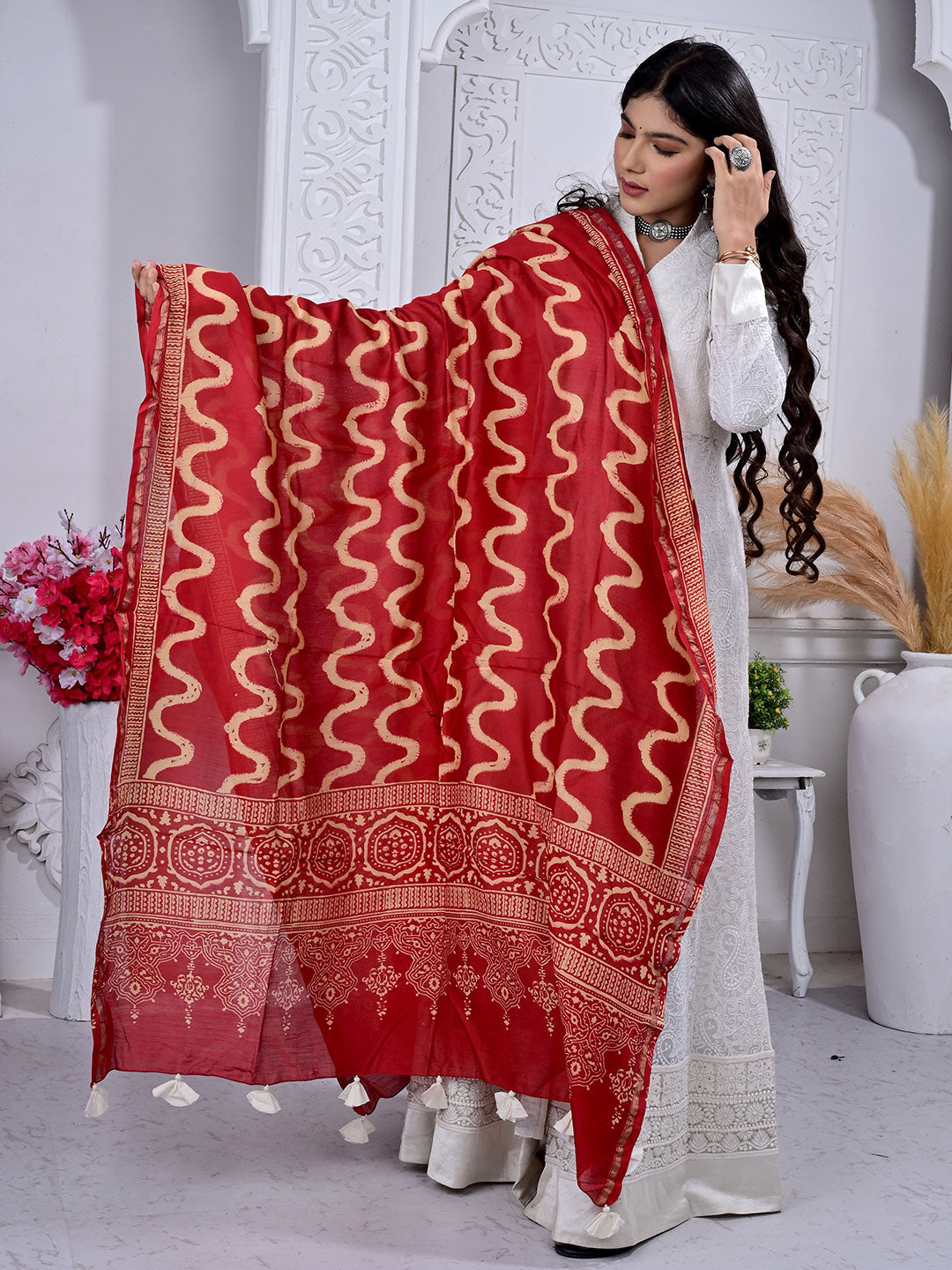 Ajrakh Hand Block Print chanderi Silk Dupatta